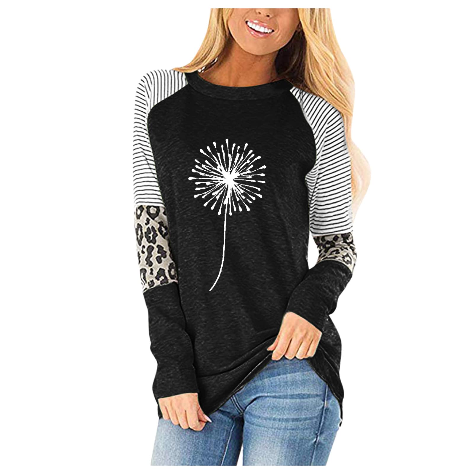 Women's Leopard Print Long Sleeve T-Shirt - Casual Round Neck Stitched Top for Fall & Winter | Cozy Everyday Wear, Office Outfits, and Weekend Style
