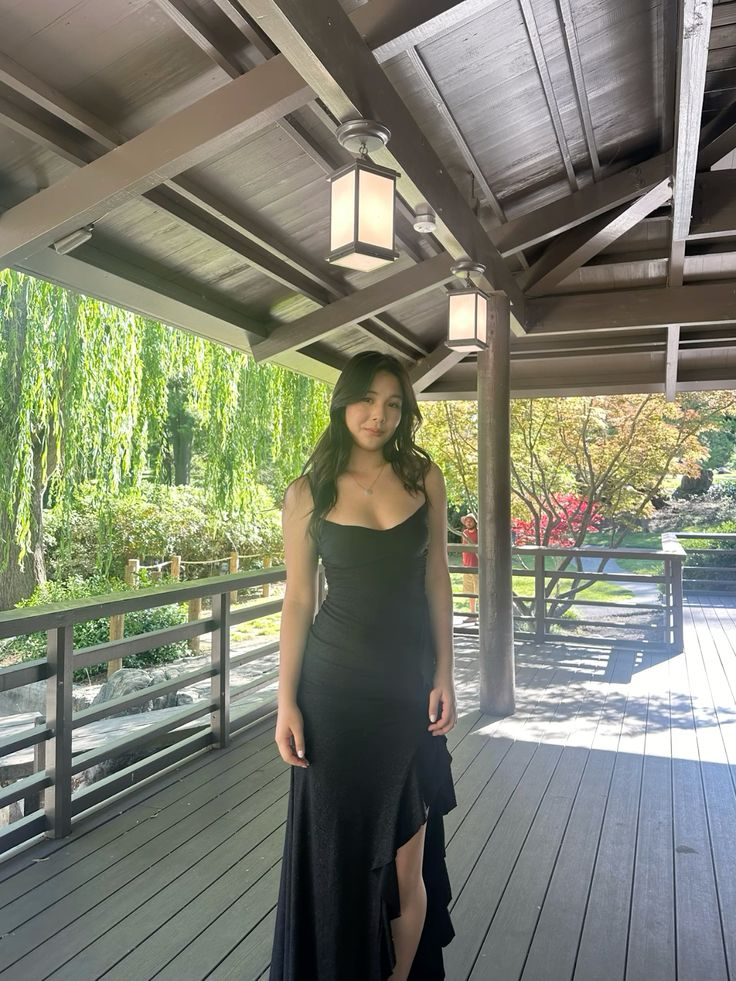 Elegant Black Sheath Ruffle Long Prom Dress with High Slit - Formal Evening Gown J4551 | Perfect for Homecoming, Prom Night, Wedding Guest & Special Occasions
