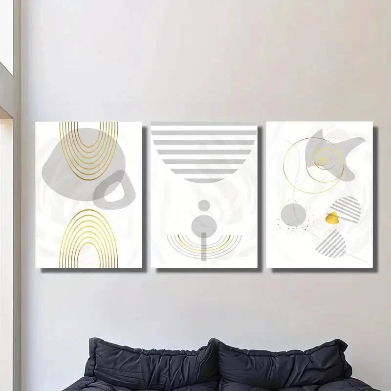 3-Piece Retro Golden Lines Gray and Gold Abstract Metal Wall Art - Ready to Hang, Modern Home Decor for Living Room, Bedroom & Office