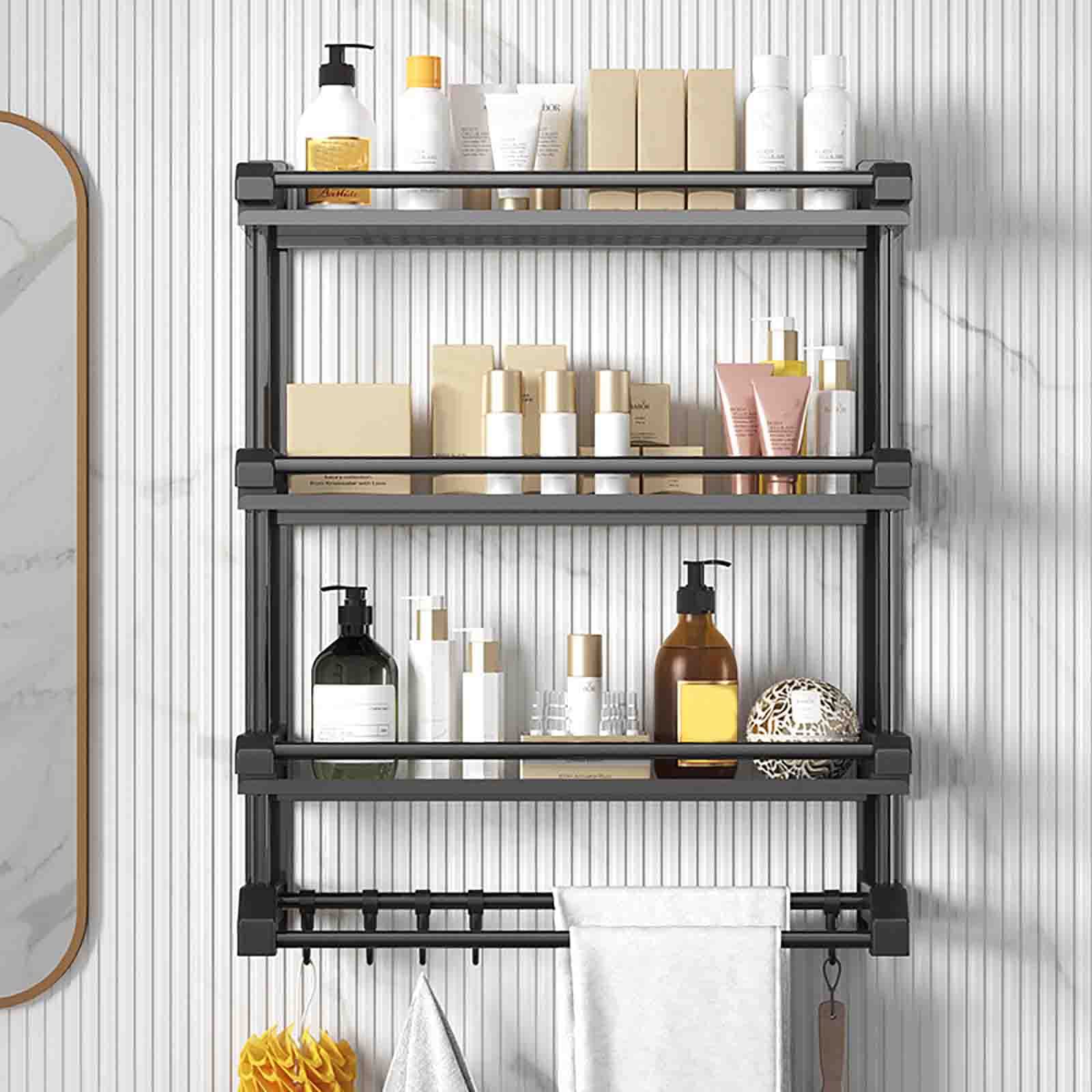 Stainless Steel Bathroom Towel Rack - 3-Tier Wall Mounted Storage Shelf with Hooks for Kitchen, Hotel & Home (50cm) - Space Saving Multi Towel Organizer for Bath, Laundry & Dorm Rooms