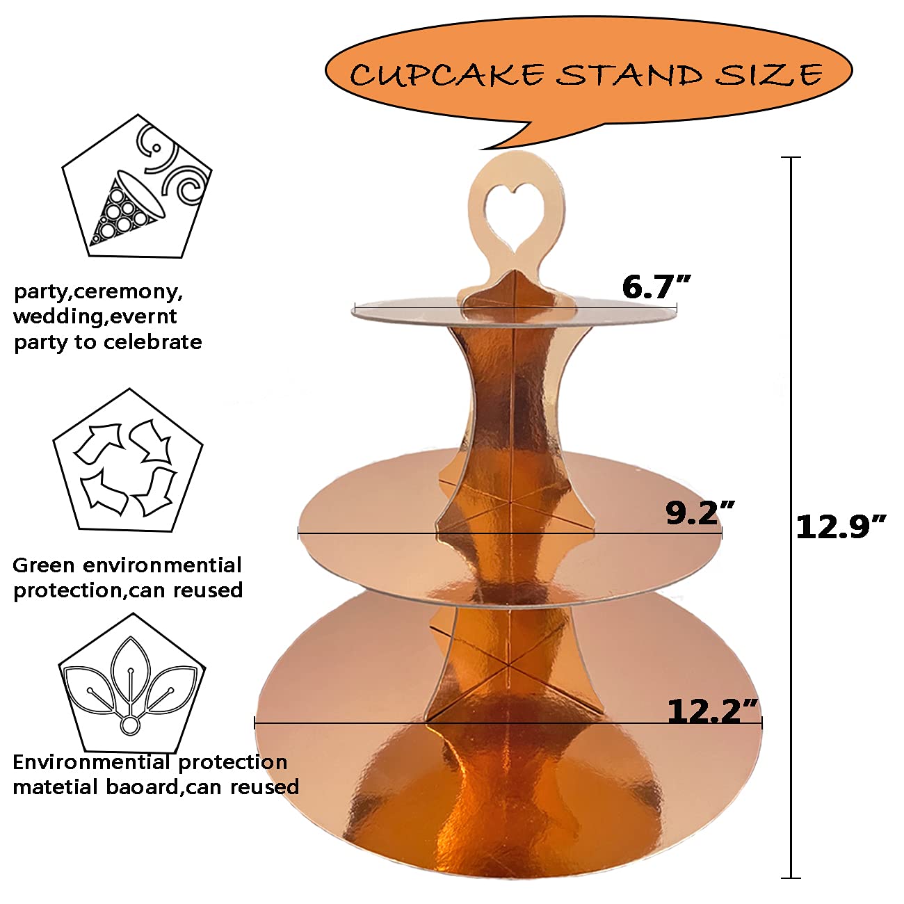 3-Tier Rose Gold Heart-Shaped Cupcake Stand - 2 Pack Cardboard Dessert Display for 24 Cupcakes - Perfect for Birthday Parties, Baby Showers, Weddings & Halloween - Elegant Floral Design for Party Decorations & Dessert Tables