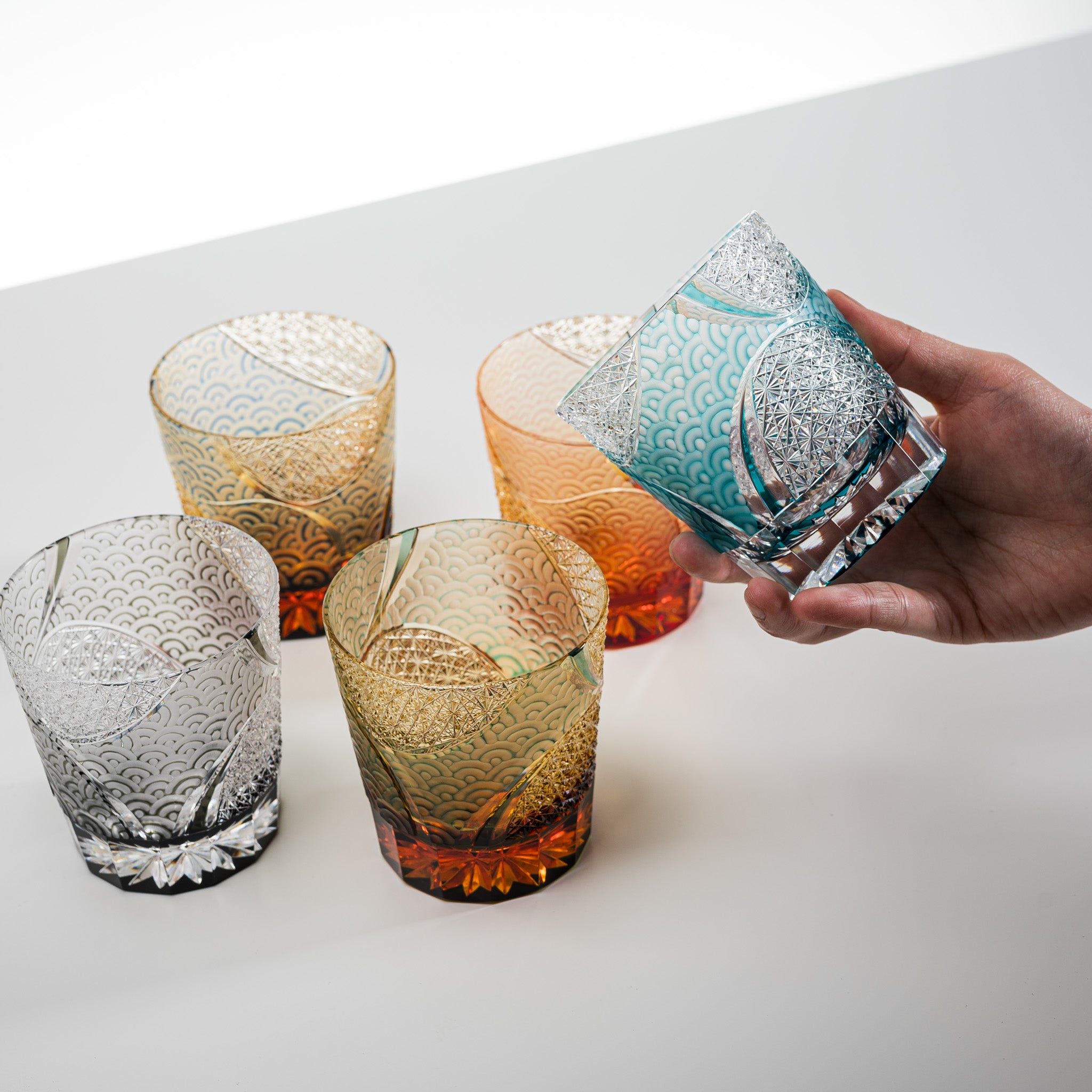 Yamada Crystal Glass Rock Glass - Amber Blue Wave Design - Premium Whiskey Tumbler for Home Bar, Cocktail Party & Gifts