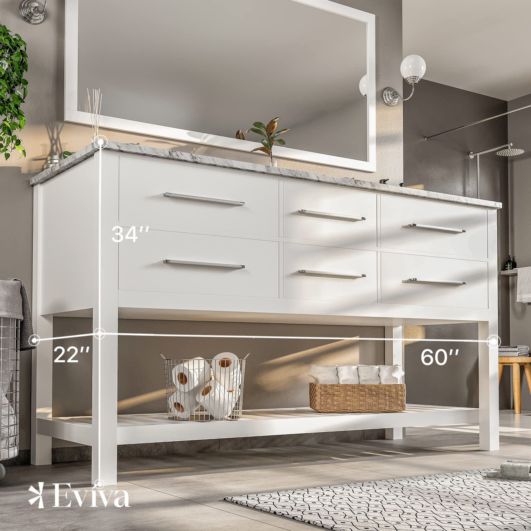 Eviva 60 Inch Modern Bathroom Vanity Set with Porcelain Sink & Marble Top - Double Sink Vanity Cabinet with Sturdy Legs - Perfect for Master Bathroom, Guest Bath or Powder Room Renovation