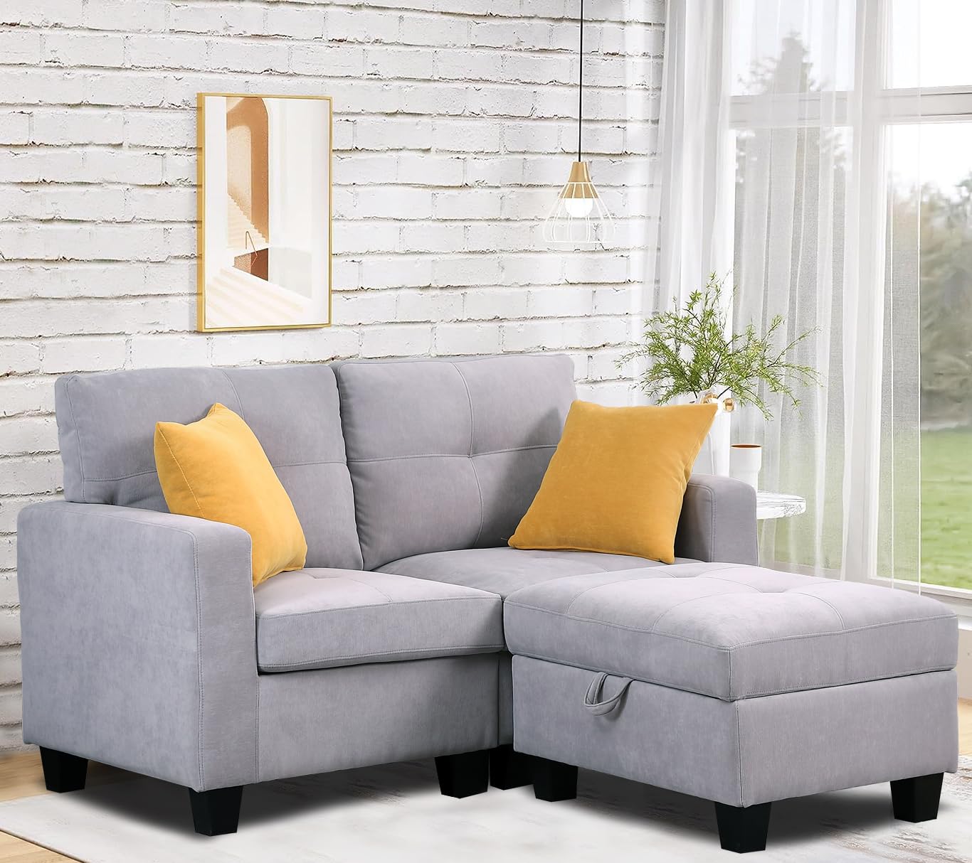 Modular Velvet Loveseat Sofa with Storage Ottoman & Removable Covers - Convertible L-Shape Sectional Couch for Small Spaces, Living Room & Bedroom - Perfect for Apartments, Dorms & Cozy Home Decor