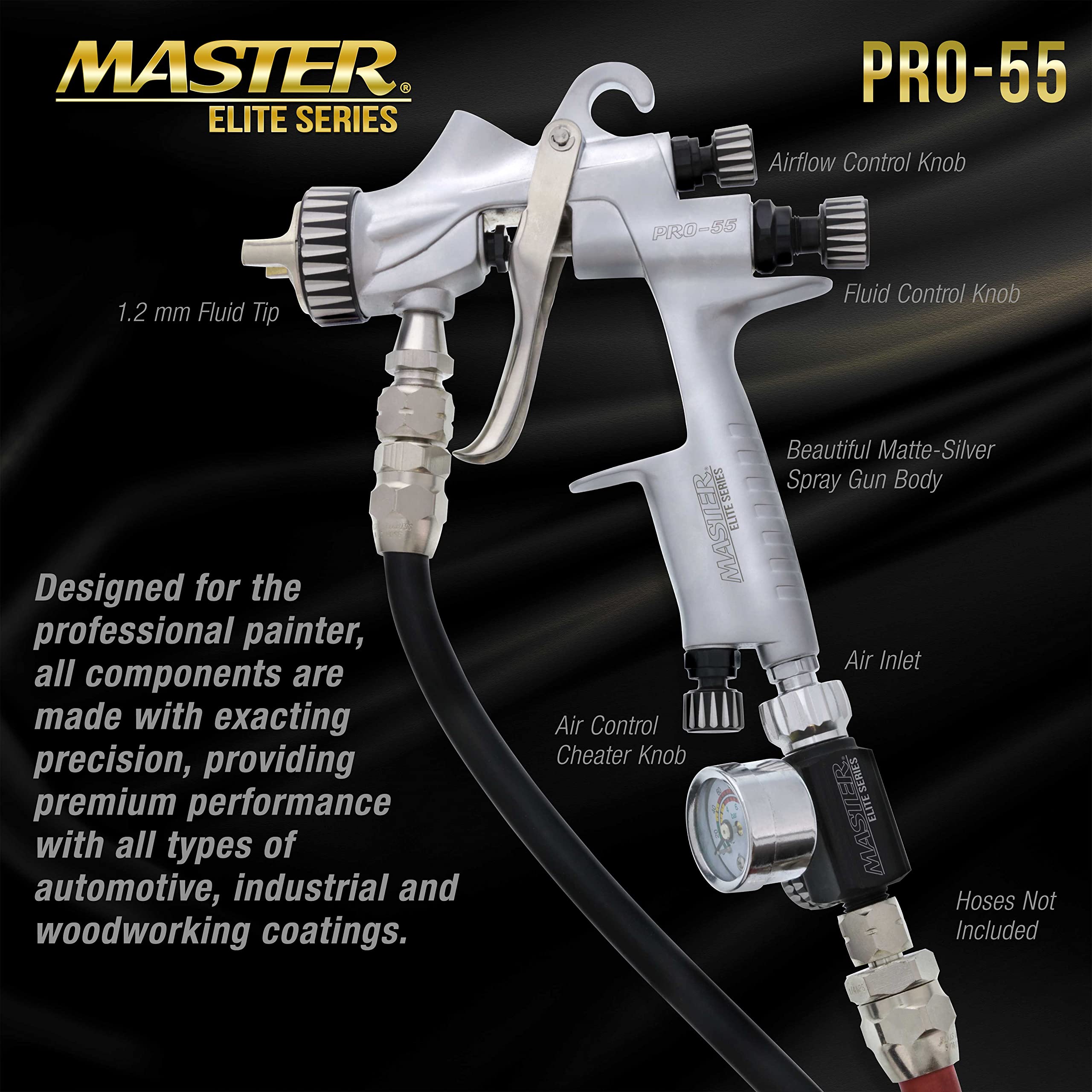 TCP Global 2 Quart Spray Paint Pressure Pot Tank with Master Elite 55 Series HVLP Spray Gun - 1.2mm Tip & 6' Air/Fluid Hose - Professional Automotive, Woodworking & DIY Painting Tool for Home Projects & Industrial Use