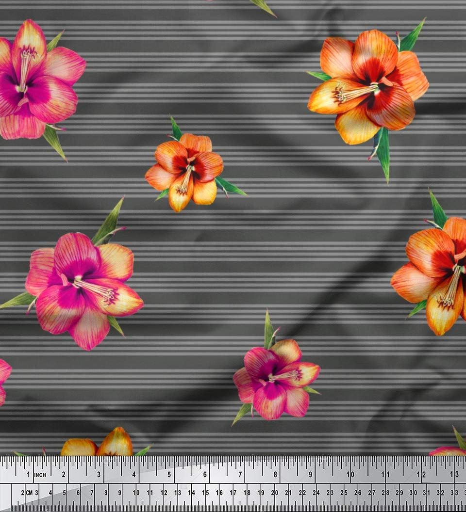 Soimoi Moss Georgette Gray Floral Stripe Fabric - 42 Inch Wide by The Yard - Printed Polyester Fabric for DIY Crafts, Dresses, Curtains & Home Decor