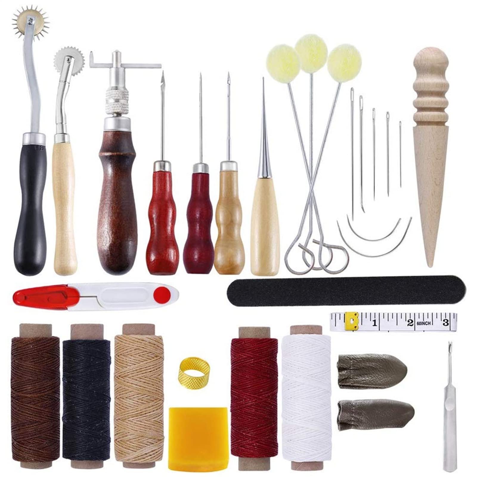 Premium Leather Sewing Tools Set - Professional Leather Craft Kit with Groover, Awl, Waxed Thread & Thimble for Punching, Stitching, Carving & Stamping | DIY Leatherworking, Bag Making, Shoe Repair & Craft Projects
