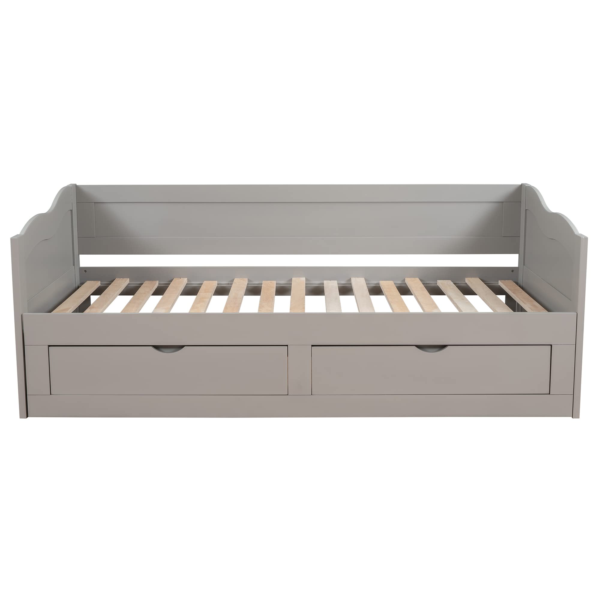 KLMM Extendable Daybed with 2 Storage Drawers - Twin/King Size Foldable Solid Wood Daybed with Roll-Out Trundle for Twin Mattress - Space-Saving Guest Bed & Living Room Furniture (Gray-Wood-9)