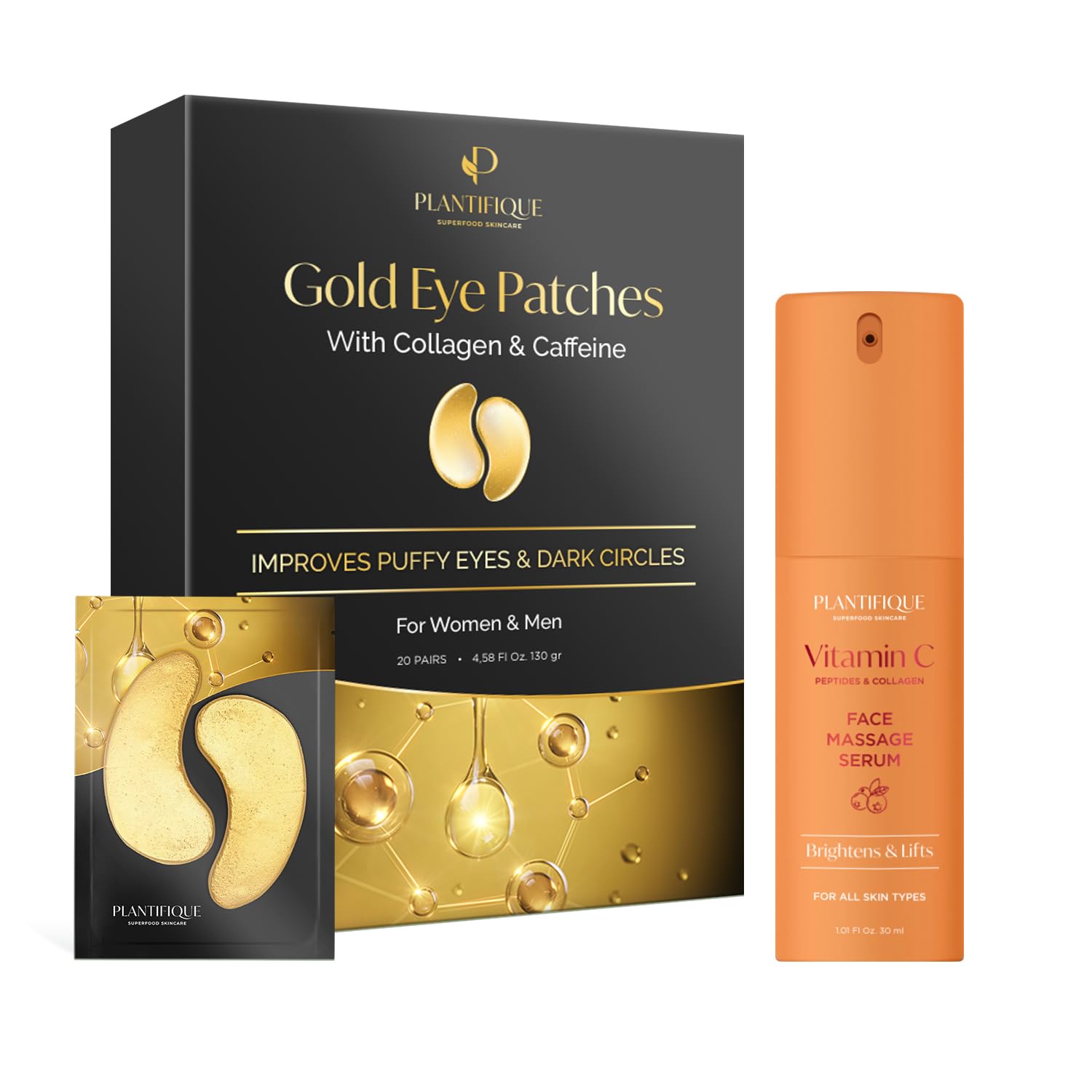 PLANTIFIQUE Gold Eye Patches & Vitamin C Serum - Anti-Aging Skincare for Puffy Eyes & Dark Circles