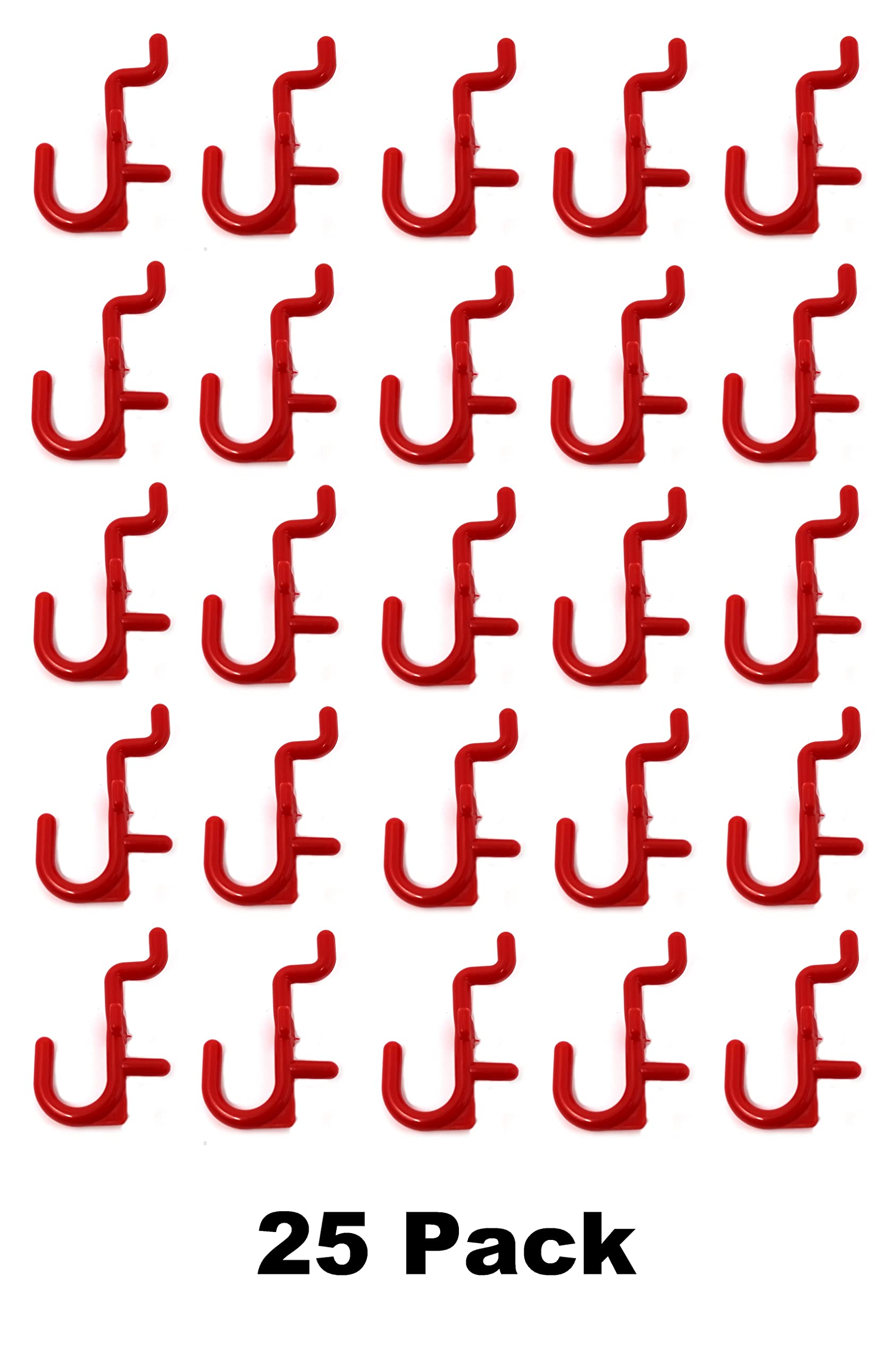 JSP Manufacturing Non-Locking Plastic J-Style Pegboard Hooks - 25 Pack in Red | Garage Tool Organization, Craft Room Storage & Workshop Accessories | Perfect for Hanging Tools, Supplies & DIY Projects