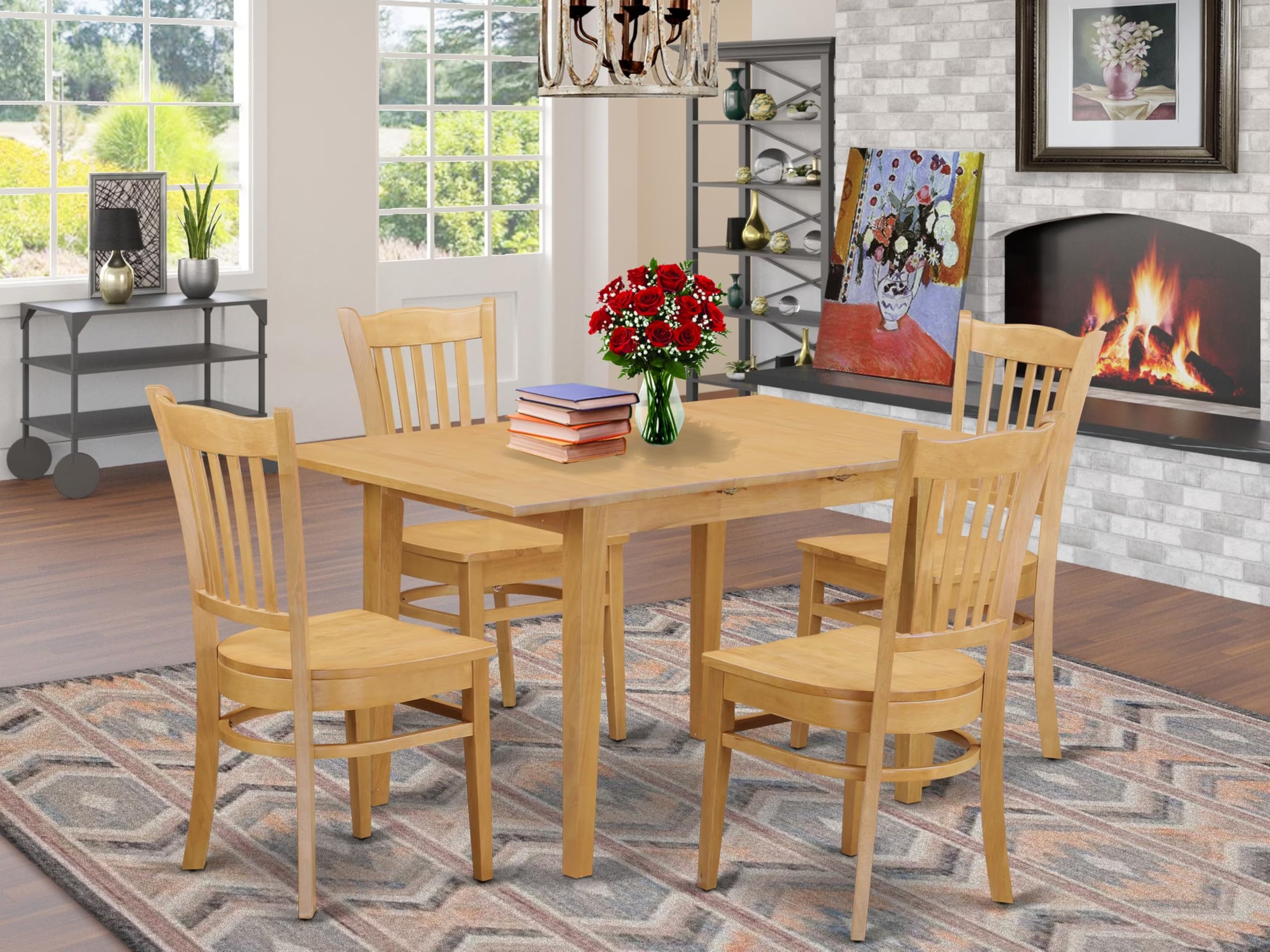East West Furniture NOGR5-OAK-W 5-Piece Oak Dining Set with 32x54 Inch Rectangle Table & 4 Chairs, Butterfly Leaf Extension - Perfect for Small Kitchens, Breakfast Nooks & Compact Dining Spaces
