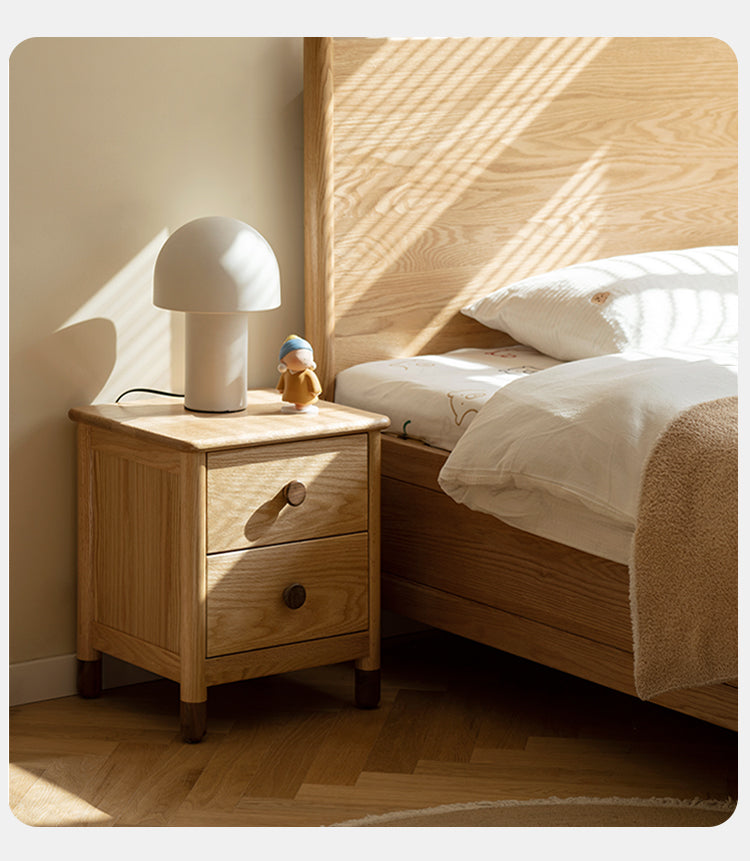 Solid Oak Wood Nightstand with Two Drawers - Bedside Table for Bedroom, Living Room, or Office Storage