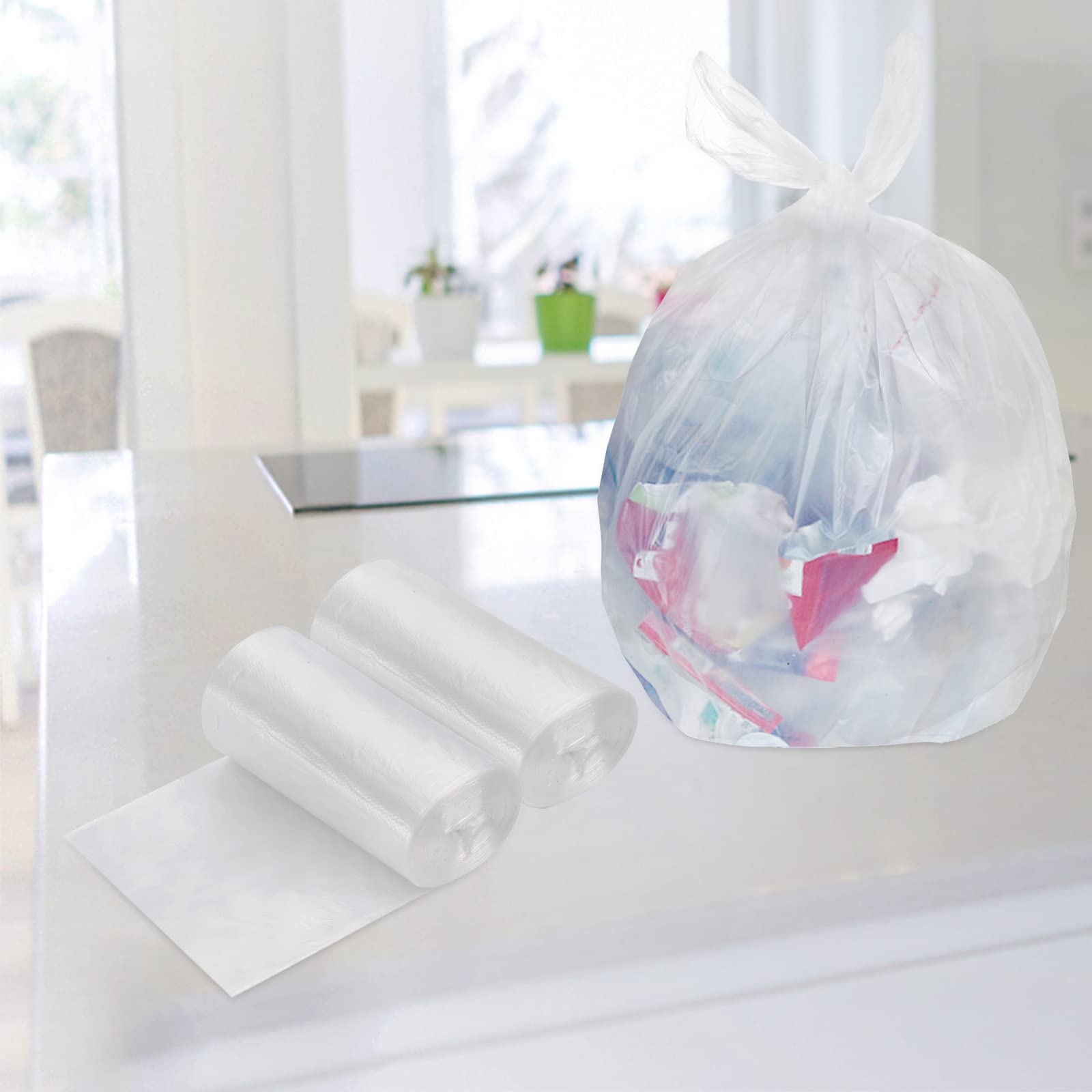 Tebery 300 Counts 8 Gallon Clear Small Trash Bags - Wastebasket Bin Liners for Bathroom, Bedroom & Office - 6 Rolls - Perfect for Small Trash Cans, Diaper Pails & Recycling Bins