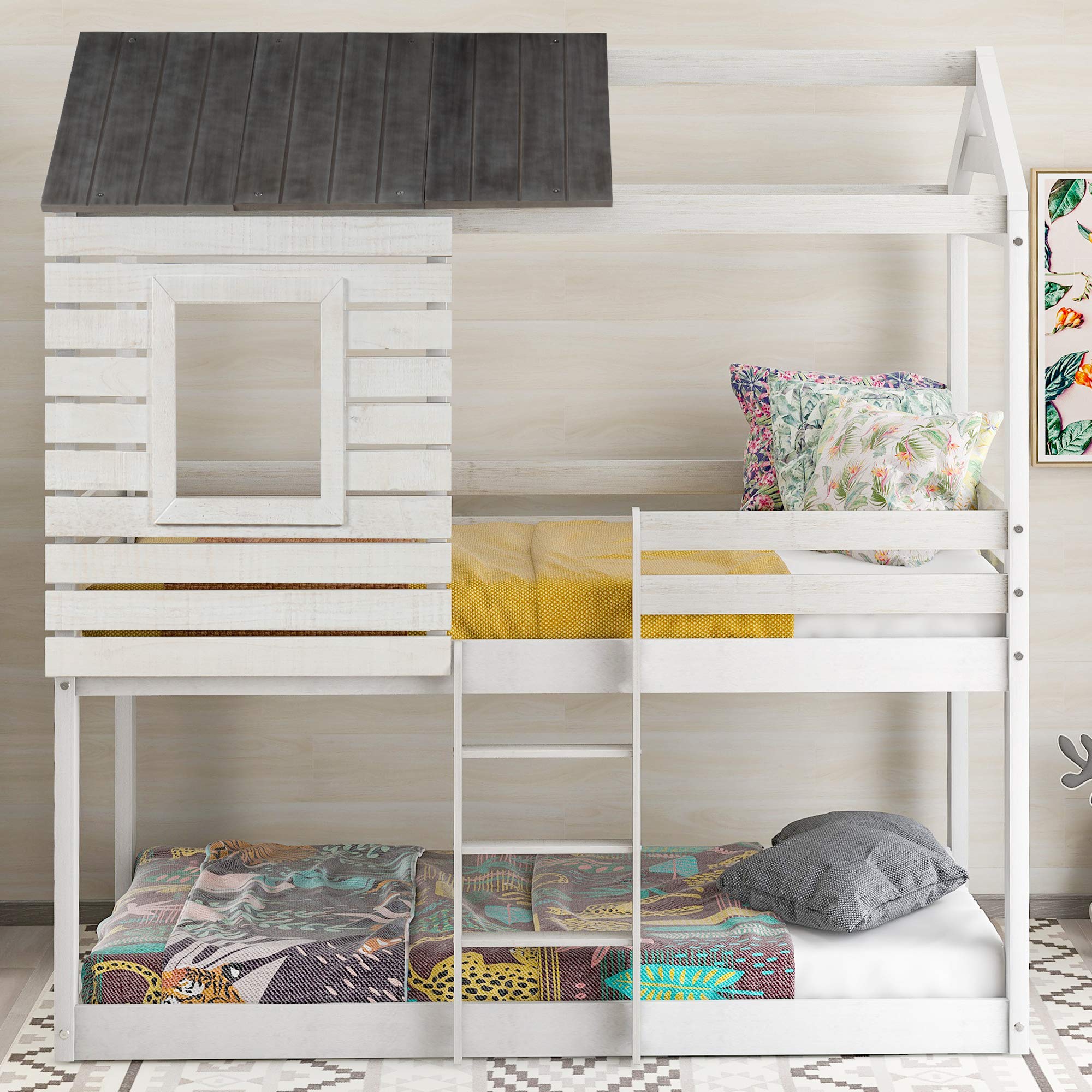 Wooden Low Loft Bed for Toddlers - Twin Over Twin Bunk Bed with Roof, Windows, Guardrail & Ladder - House-Shaped Kids Bed for Boys & Girls (Antique White) | Perfect for Small Bedrooms, Playrooms & Sleepovers - No Box Spring Needed