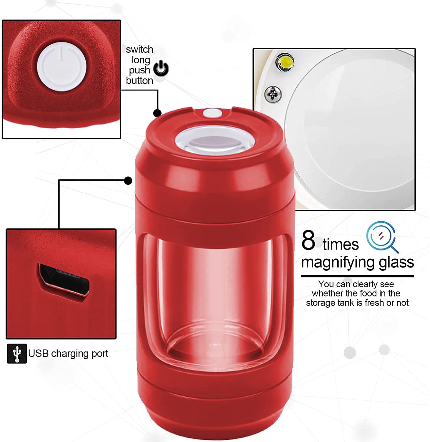 LED Magnifying Glass Herb Grinder Jar - 8x Magnification with Built-in Light for Fresh Herb Storage | Portable Spice Grinder & Airtight Container | Perfect for Kitchen, Camping & Gardening (Red)