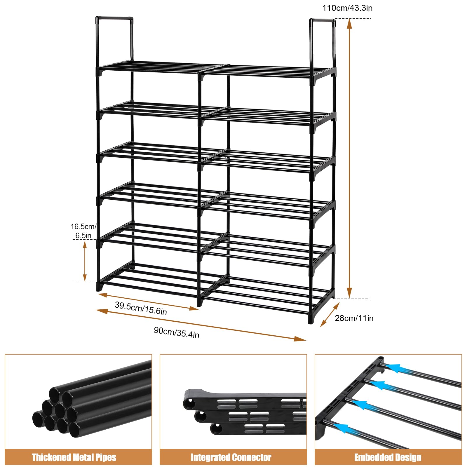 Lubardy 6-Tier Double Row Metal Shoe Rack - Holds 24-28 Pairs, Durable Stackable Shoe Storage Organizer for Entryway, Closet & Hallway (Black) - Perfect for Small Spaces & Apartment Living