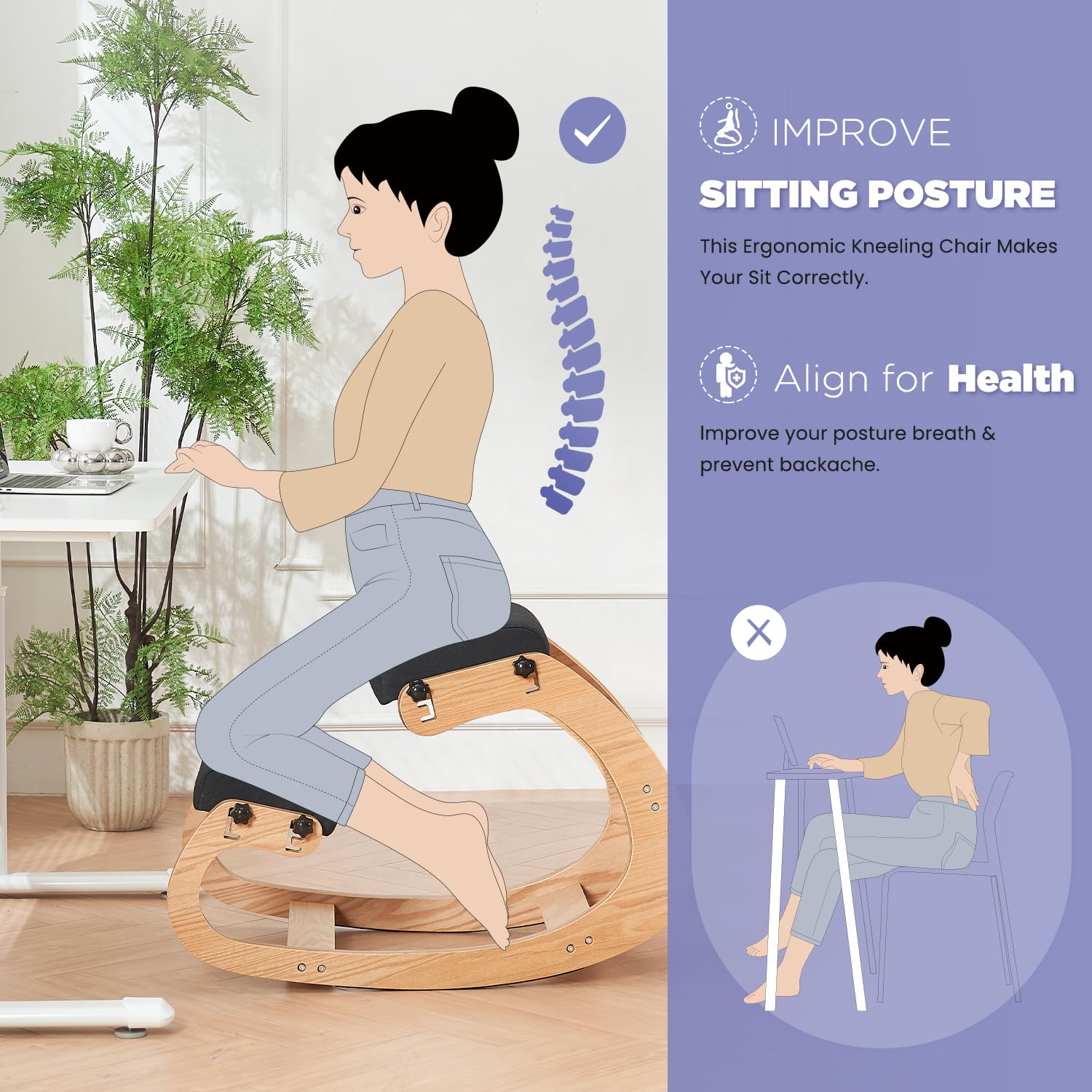 Ergonomic Kneeling Chair - Adjustable Rocking Office Chair for Back Pain Relief, Wooden Posture Corrector for Home & Office Use, Black - Perfect for Long Work Sessions & Meditation