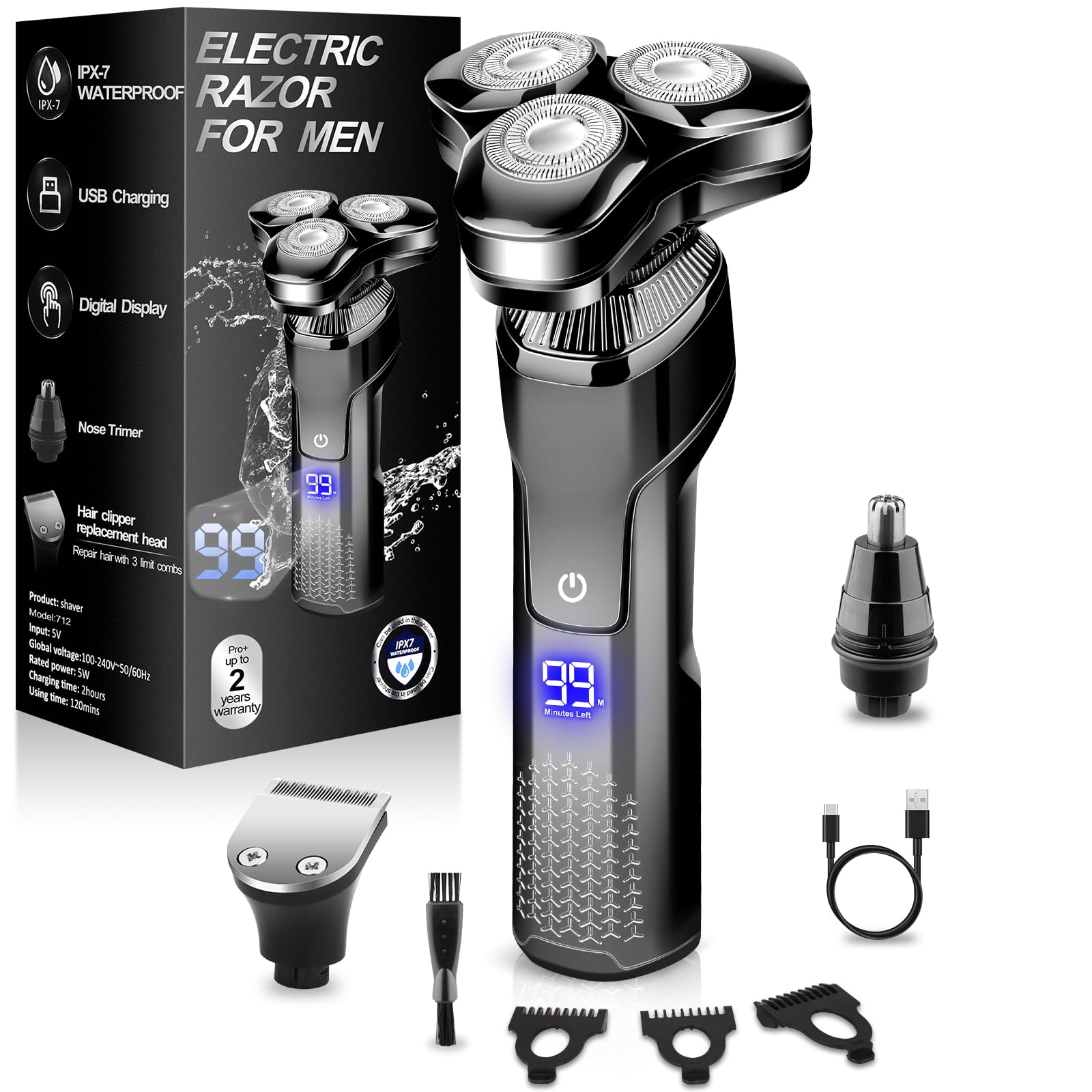 Premium Rotary Electric Razor for Men - Waterproof, Rechargeable with LED Display | Cordless Floating Head & Replaceable Blades | Perfect for Travel, Gym & Daily Shaving