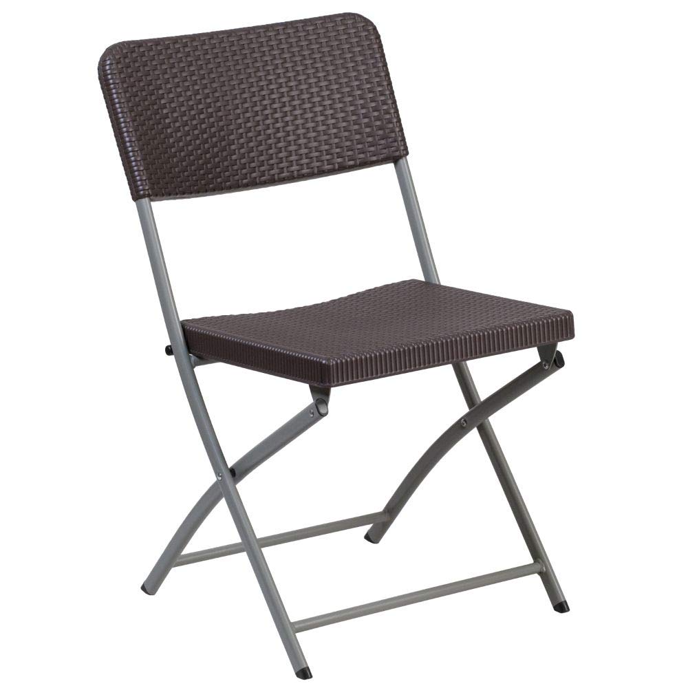 Flash Furniture 2-Pack HERCULES Series Brown Rattan Plastic Folding Chairs with Gray Frame - Outdoor Patio, Garden, Poolside & Indoor Events
