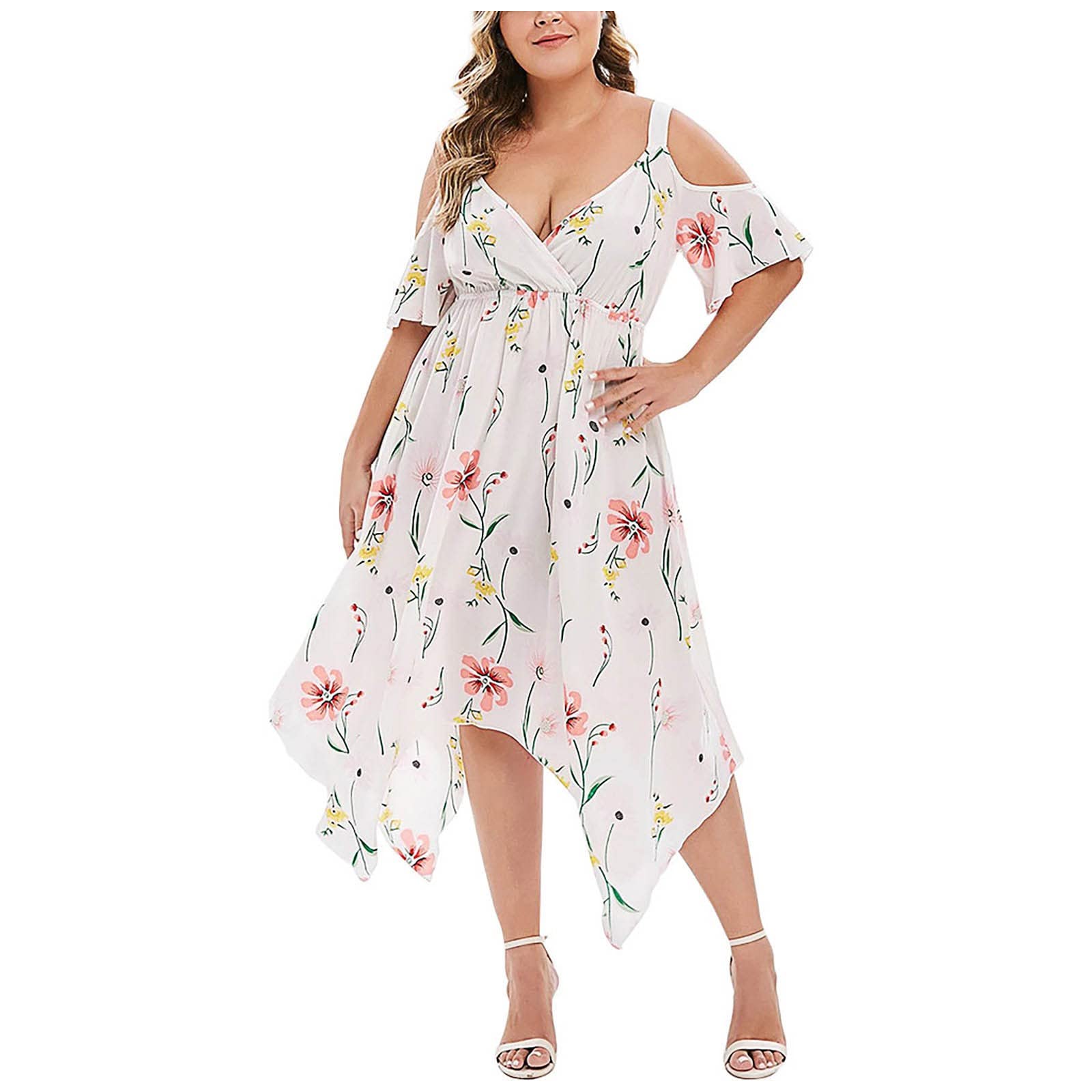 LOOKAA Women's Floral Sleeveless Deep V-Neck Off Shoulder Midi Dress - Sexy Hawaiian Swing Dress for Beach Vacation, Party & Summer Outfits