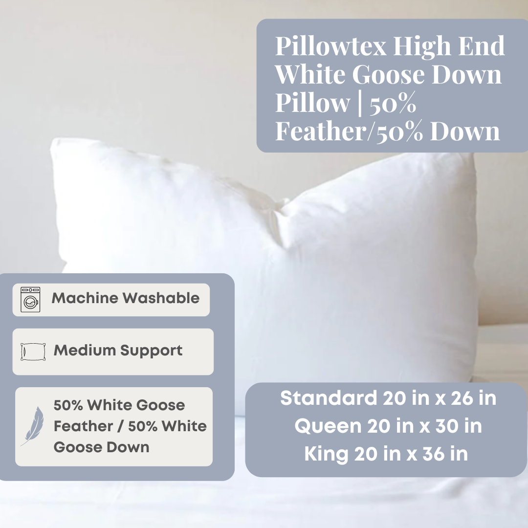 Premium Pillowtex White Goose Down Pillow - 50% Feather & 50% Down Fill - Luxury Bedding for Side Sleepers & Back Pain Relief