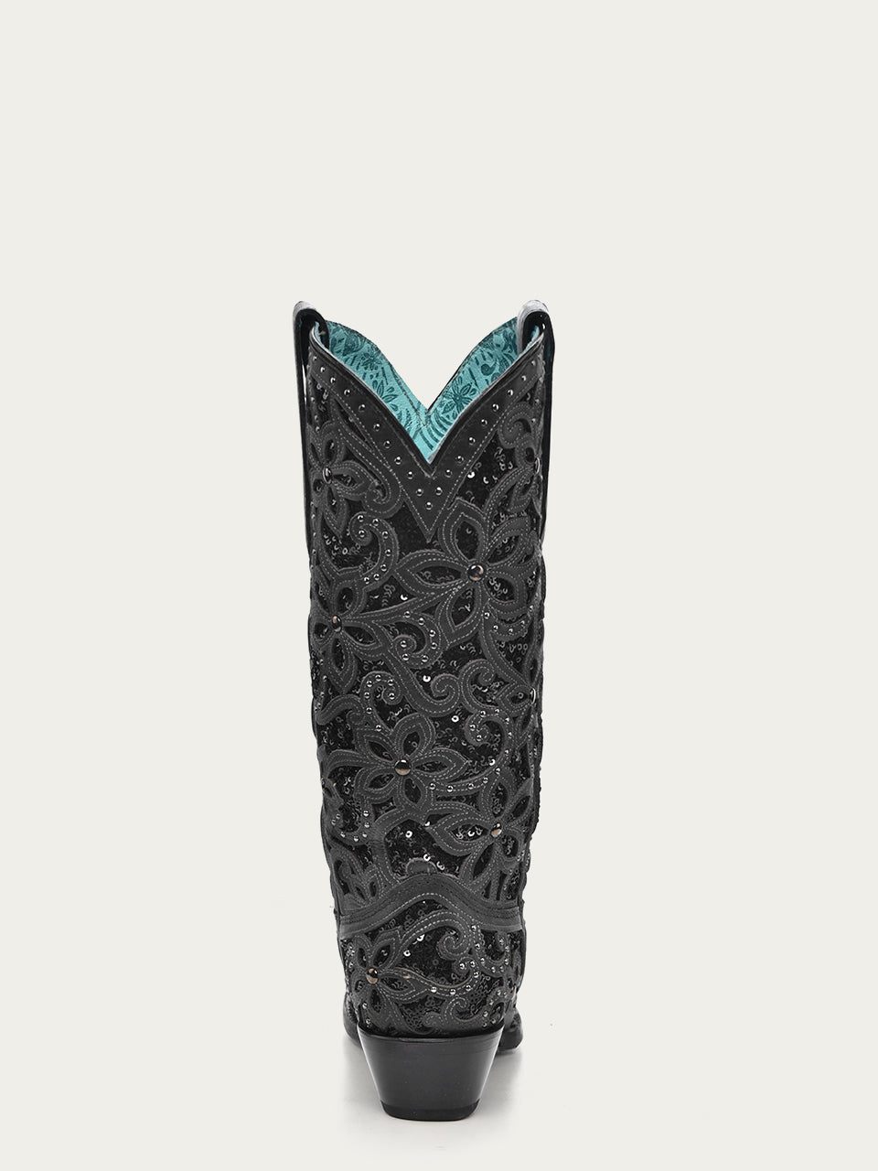 Women's Black Glitter Cowboy Boots with Floral Overlay, Crystals & Studs - Snip Toe Western Boots for Country Dancing, Rodeo & Fashion Outfits
