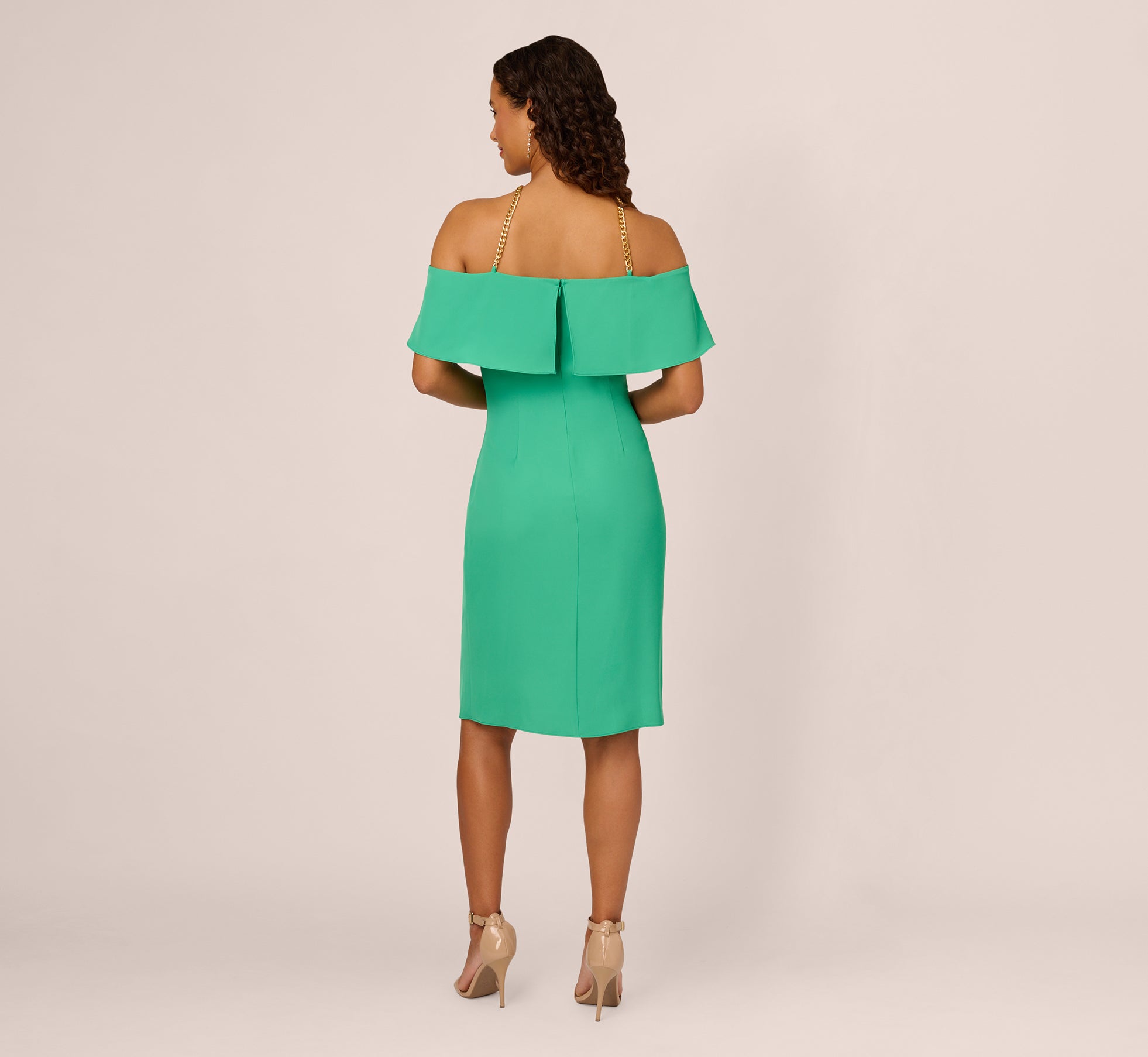 Floral Green Ruffle Popover Midi Dress with Chain Halter Neckline - Perfect for Summer Weddings, Garden Parties & Boho Chic Outfits