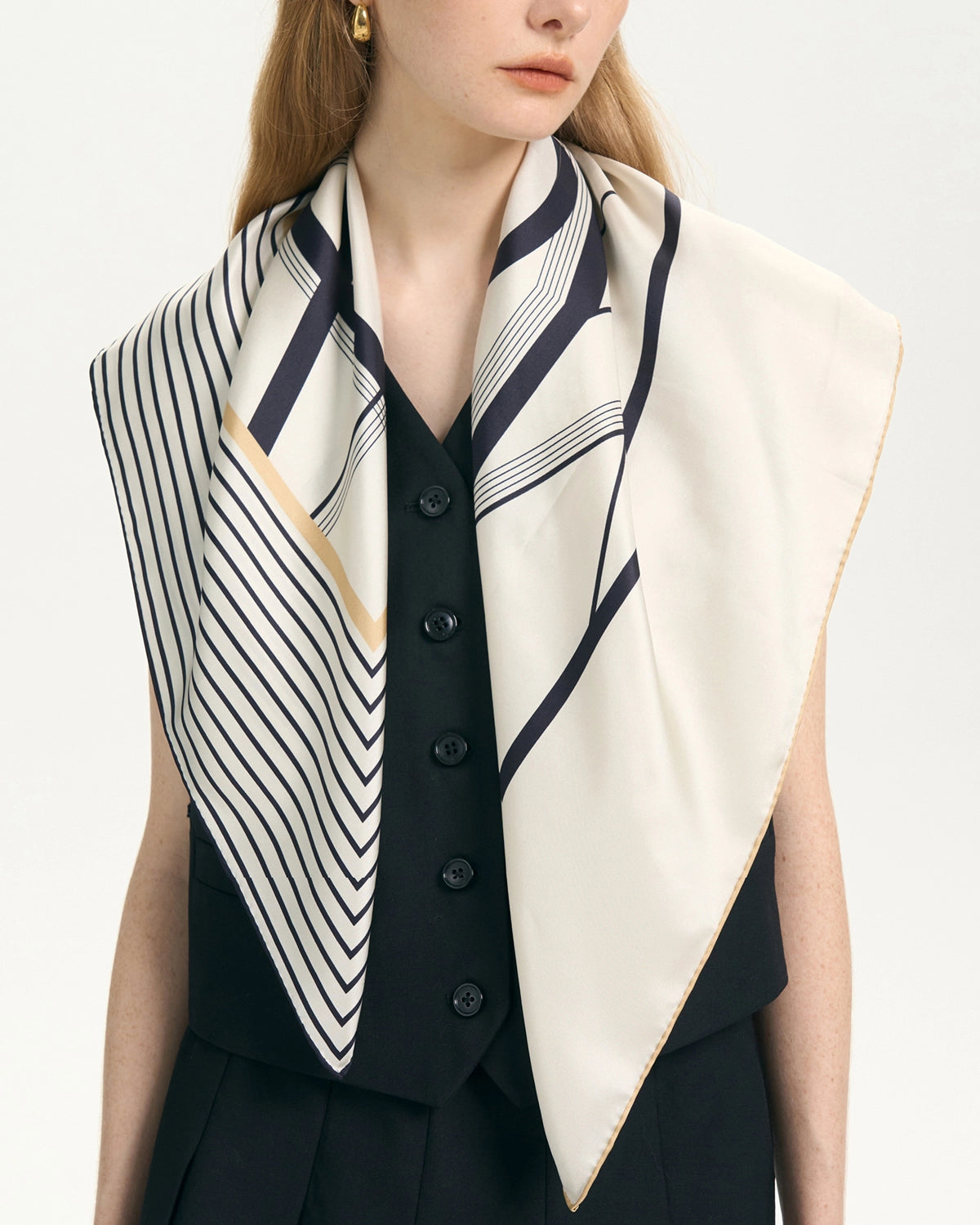 Elegant Asymmetric Stripe Print Silk Scarf for Women - Lightweight Fashion Accessory for Office, Party & Travel