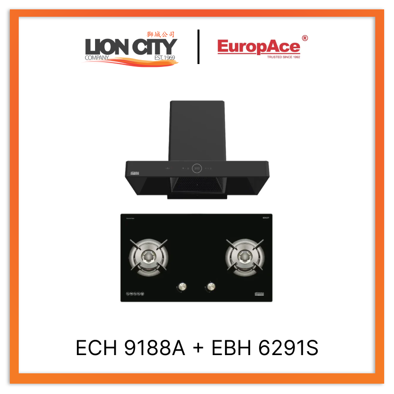 Europace ECH9188A 90cm Premium T Chimney Range Hood with EBH6291S 2-Burner Gas Cooktop (Schott Glass) - Perfect for Modern Kitchens & Open-Plan Living Spaces