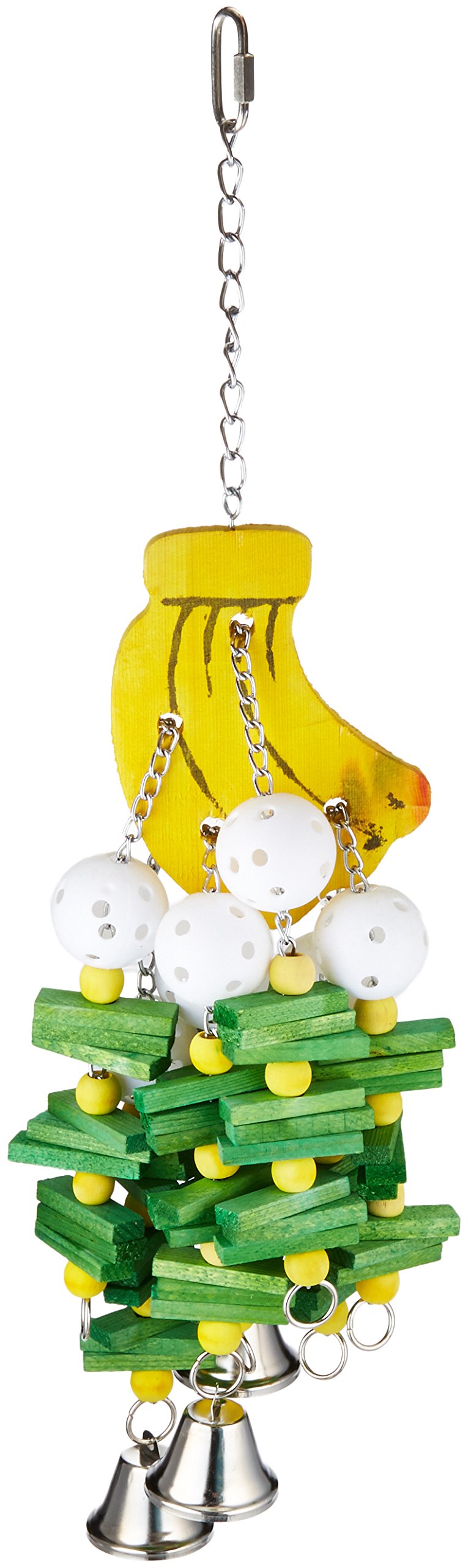 Featherland Paradise Hanging Banana-Shaped Bird Toy with Whiffle Balls & Wood Blocks - Interactive Parrot Chewing Toy for Cockatiels, Conures & Small Birds - Perfect for Cage Enrichment & Playtime