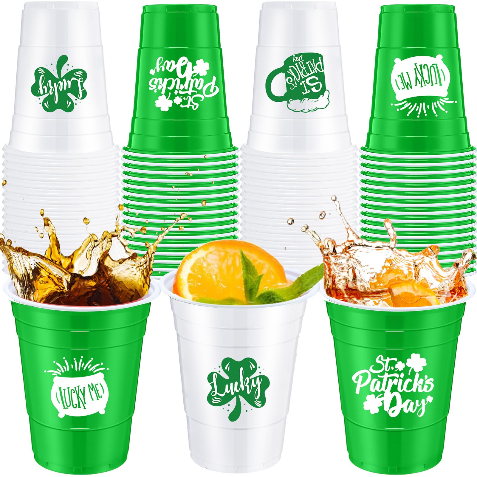60 Pcs 16oz St. Patrick's Day Plastic Cups - Green & White Shamrock Disposable Party Cups with Lucky Clover Design for Beer, Beverages & Celebrations - Perfect for St. Patty's Day Parties, Irish-Themed Events & Home Decorations