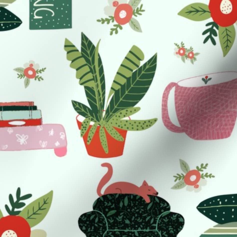 Premium Spoonflower Fabric - Hygge Houseplants & Reading Books Print on Satin Fabric by The Yard for Sewing, Apparel, Fashion, Blankets & Home Decor | Perfect for DIY Projects, Curtains, Pillows & Cozy Interior Design