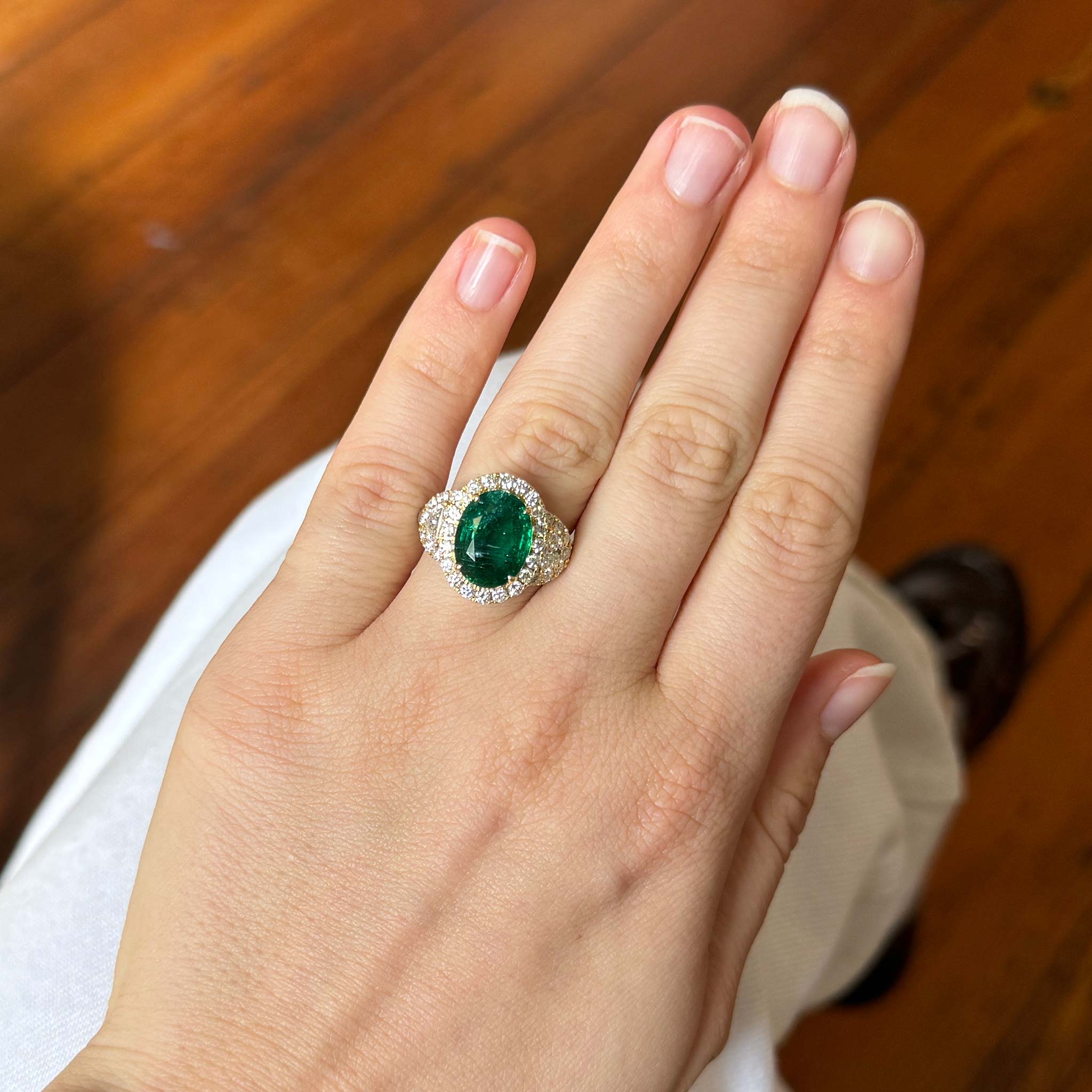 5ct Oval Emerald with Half Moon & Round Diamond 18K Gold Platinum Ring for Engagement, Wedding, Anniversary & Special Occasions