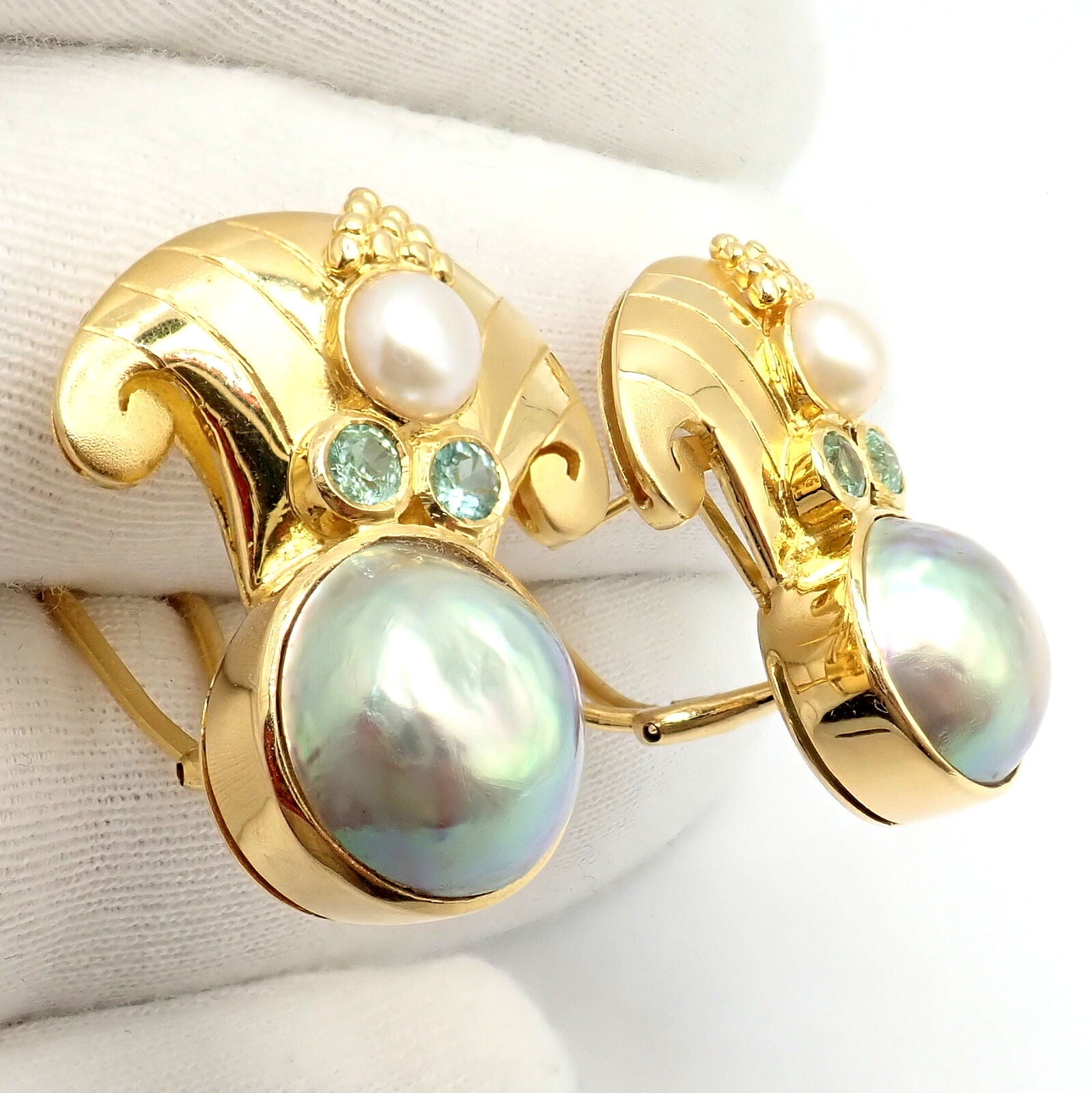 Exquisite Vintage Paula Crevoshay 18K Gold Abalone Pearl & Blue Gemstone Earrings - Unique Handmade Jewelry for Women - Perfect for Weddings, Anniversaries & Special Occasions