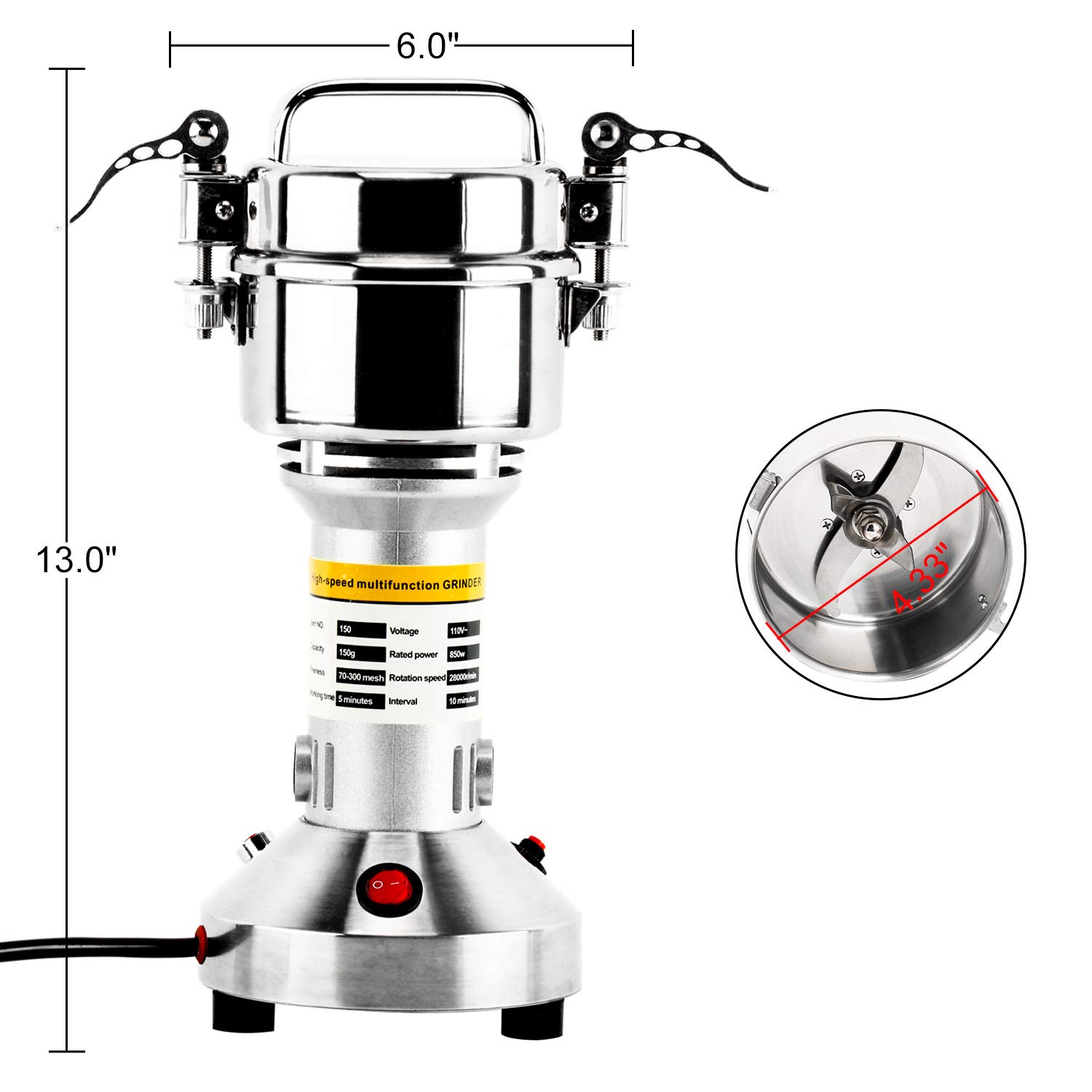 **150g Commercial Electric Grain Mill Grinder - 850W High-Speed Stainless Steel Powder Machine for Spices, Herbs, Pepper & Coffee (70-300 Mesh, 28000 RPM) - Perfect for Home Kitchens, Bakeries & Coffee Shops**