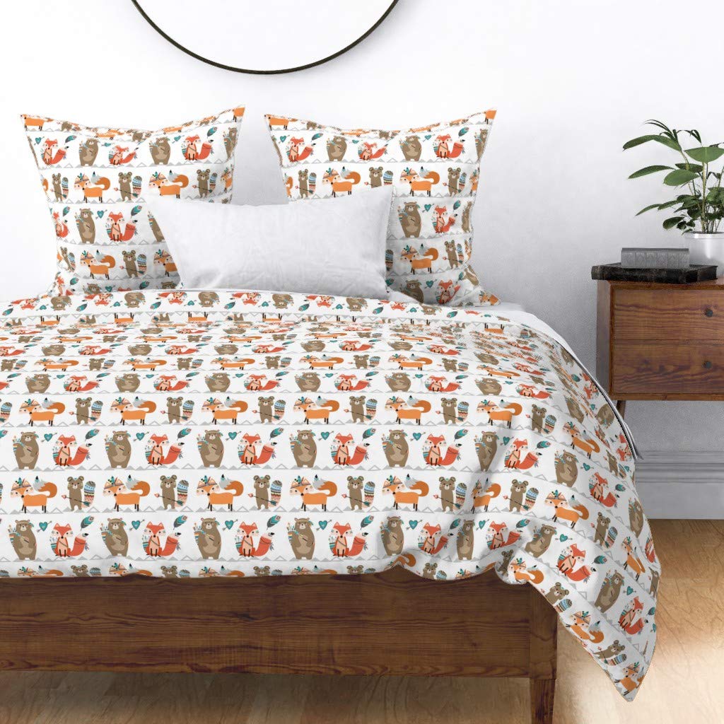 Custom Spoonflower Cotton Sateen Duvet Cover King/California King Size - Woodland Tribal Nursery Arrow Fox Gender Neutral Baby Boy Girl White Orange Adorable Print Bedding Set for Cozy Nursery, Guest Room or Modern Bedroom Decor