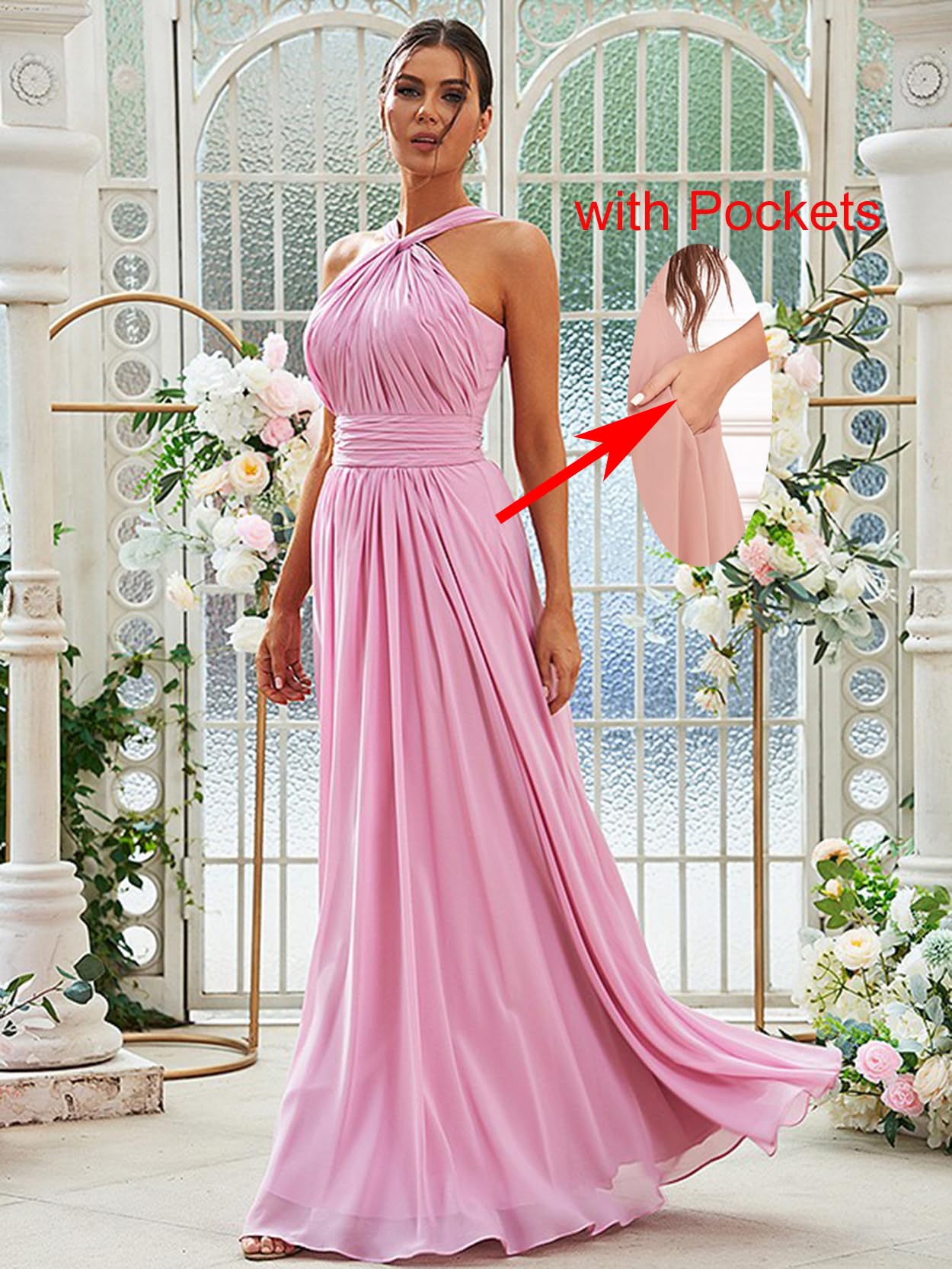 Elegant A-Line Pleated Halter Bridesmaid Dresses for Women - Chiffon Formal Evening Gown with Pockets | Perfect for Weddings, Proms & Special Occasions