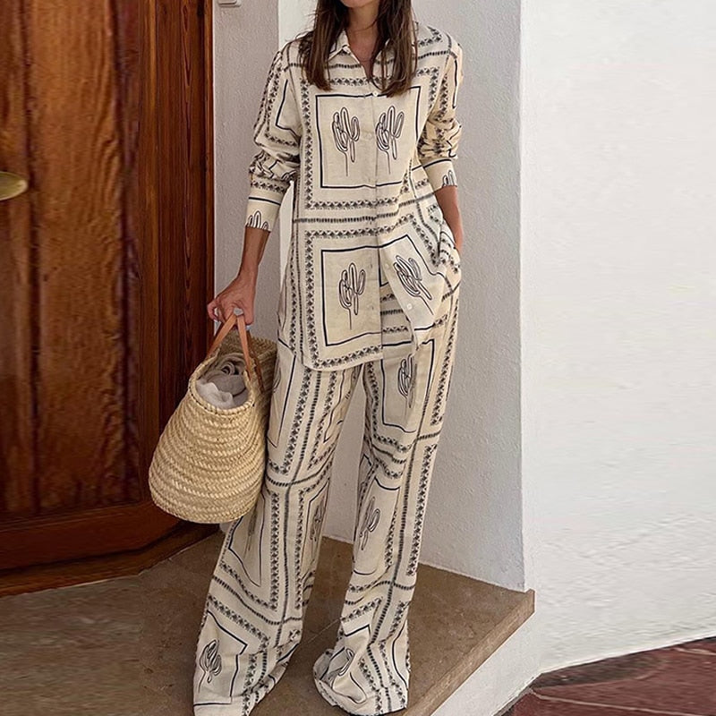 Women's Autumn Long Sleeve Shirt & Pants Set - Fashion Printed Casual Outfit - Comfortable Two-Piece Homewear for Lounge, Work & Everyday Wear
