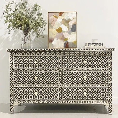 Handmade Black Geometric Bone Inlay 6-Drawer Dresser - Vintage Boho Bedroom Storage Furniture for Home Decor & Organizing Clothes