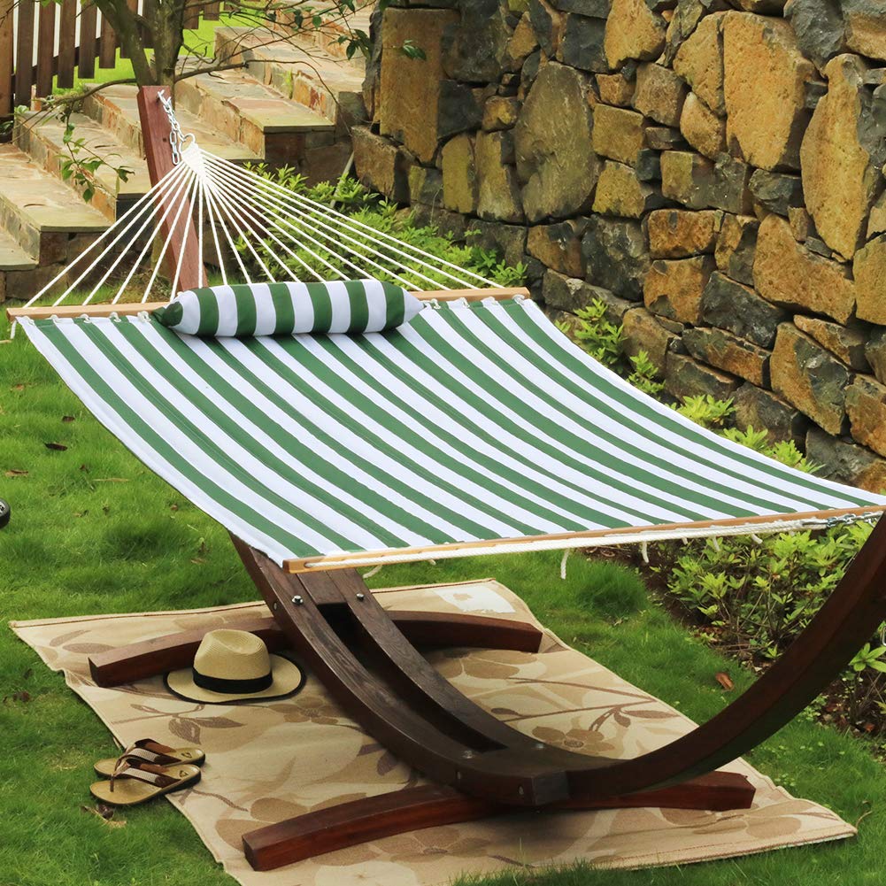 Premium Quilted Fabric Double Hammock with Pillow - Heavy Duty Hardwood Spreader Bar - Outdoor Hammock for 2 Adults 450lb Capacity - Perfect for Patio, Garden, Yard, Pool & Beach Relaxation - Green Stripe Design
