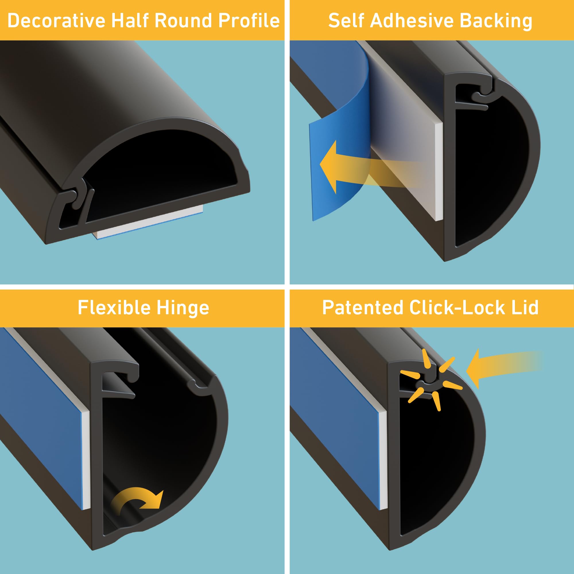 D-Line Cord Cover - Decorative Wall Cord Hider & Paintable Cable Concealer for Home & Office | Cable Raceway & Wire Cover Kit | Wall Mounted Cable Management Solution (Black, Small) - Perfect for Living Room, Bedroom, TV Setup & Computer Desk Organization