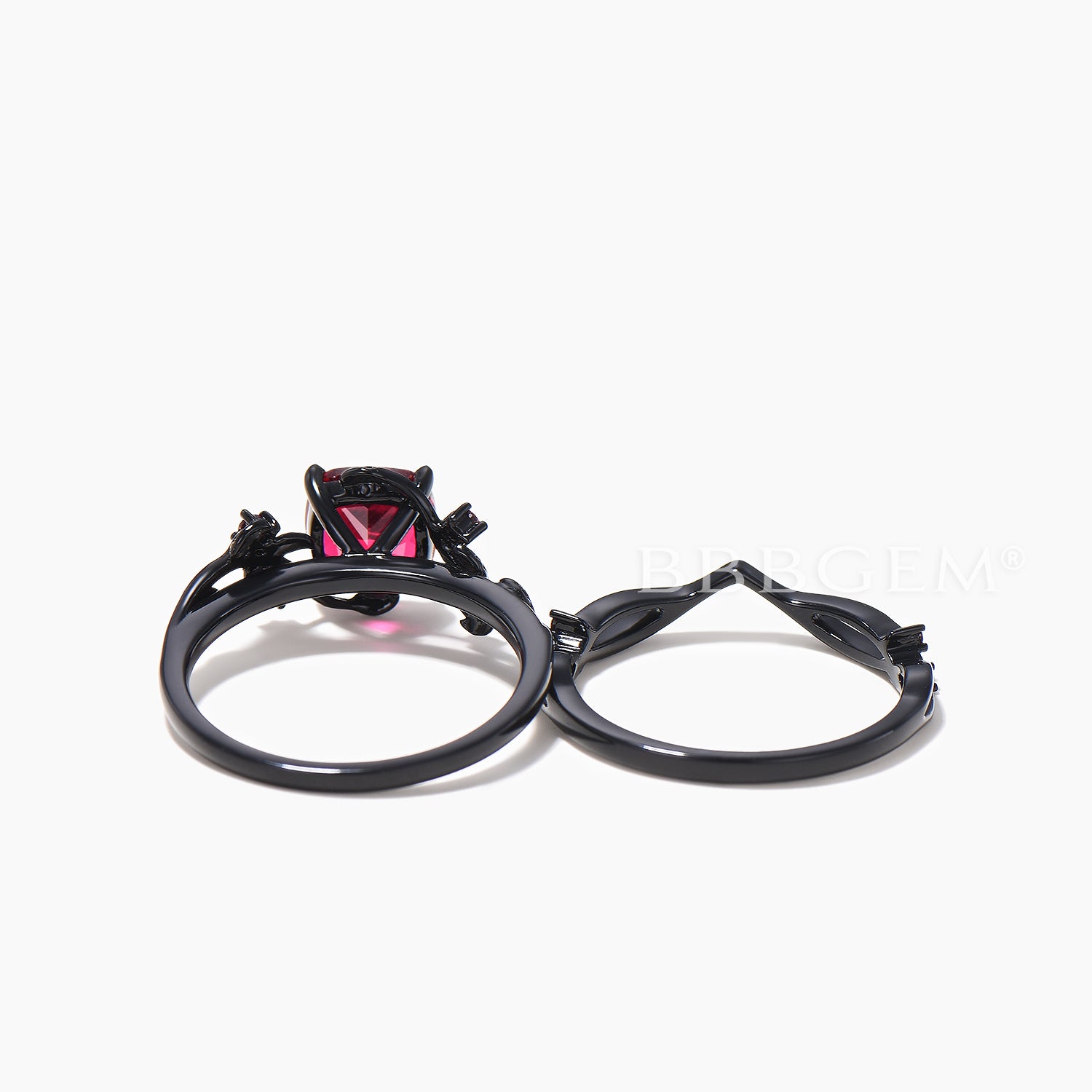 Exquisite Cushion Cut Ruby Black Gold Ring Set - Nature Inspired Engagement Ring for Women - Perfect for Weddings, Anniversaries & Special Occasions