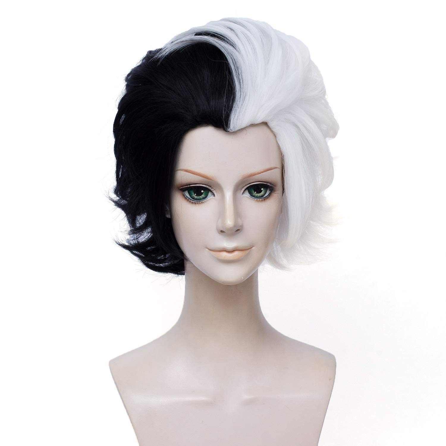 QACCF Short Layered Curly Half White Half Black Synthetic Wig for Women - Perfect for Mad Scientist Costume, Cosplay, Halloween, and Theatrical Performances