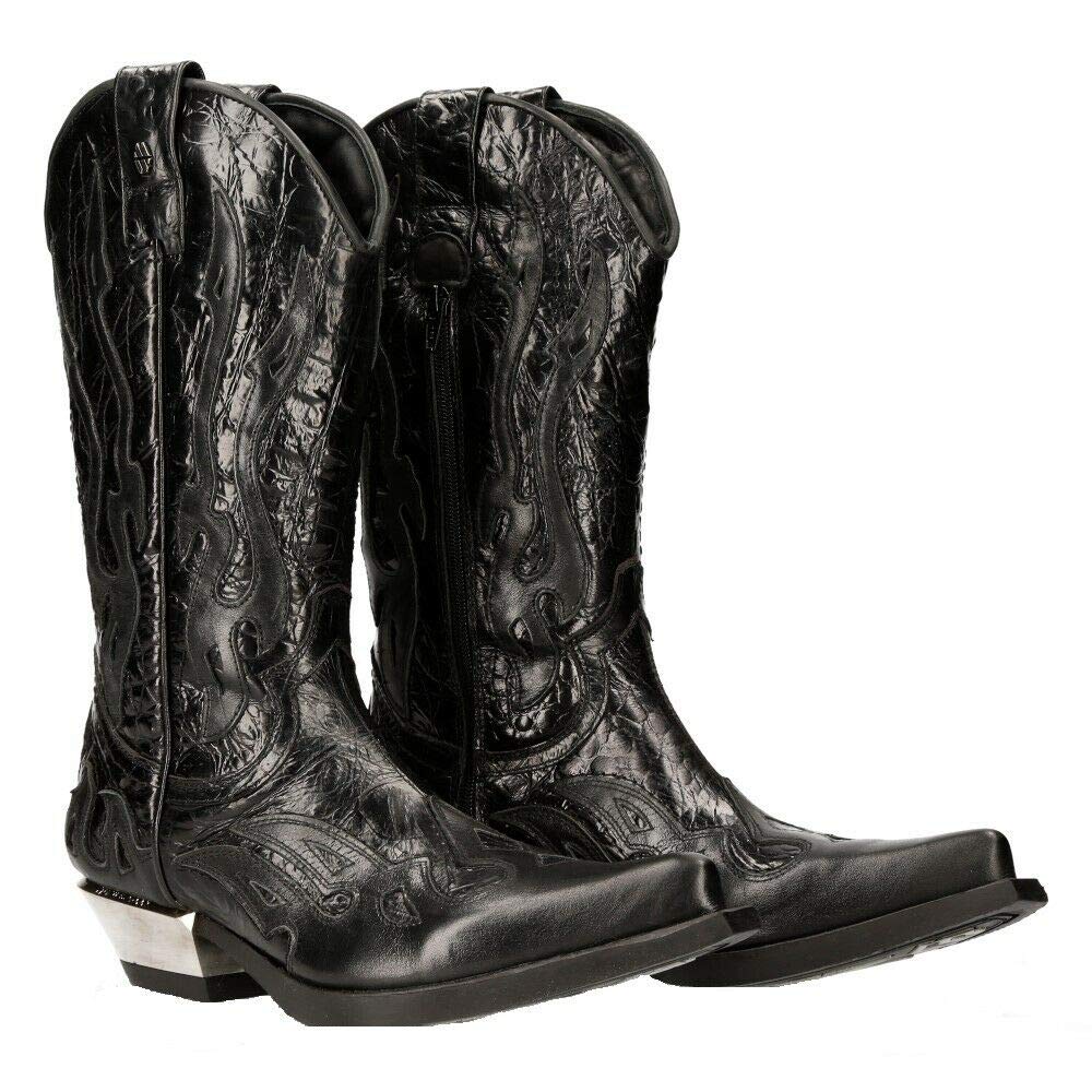 New Rock 7921 Men's Flame Western Cowboy Boots - Genuine Leather, Comfortable & Stylish for Country Music Festivals, Rodeos & Western Fashion