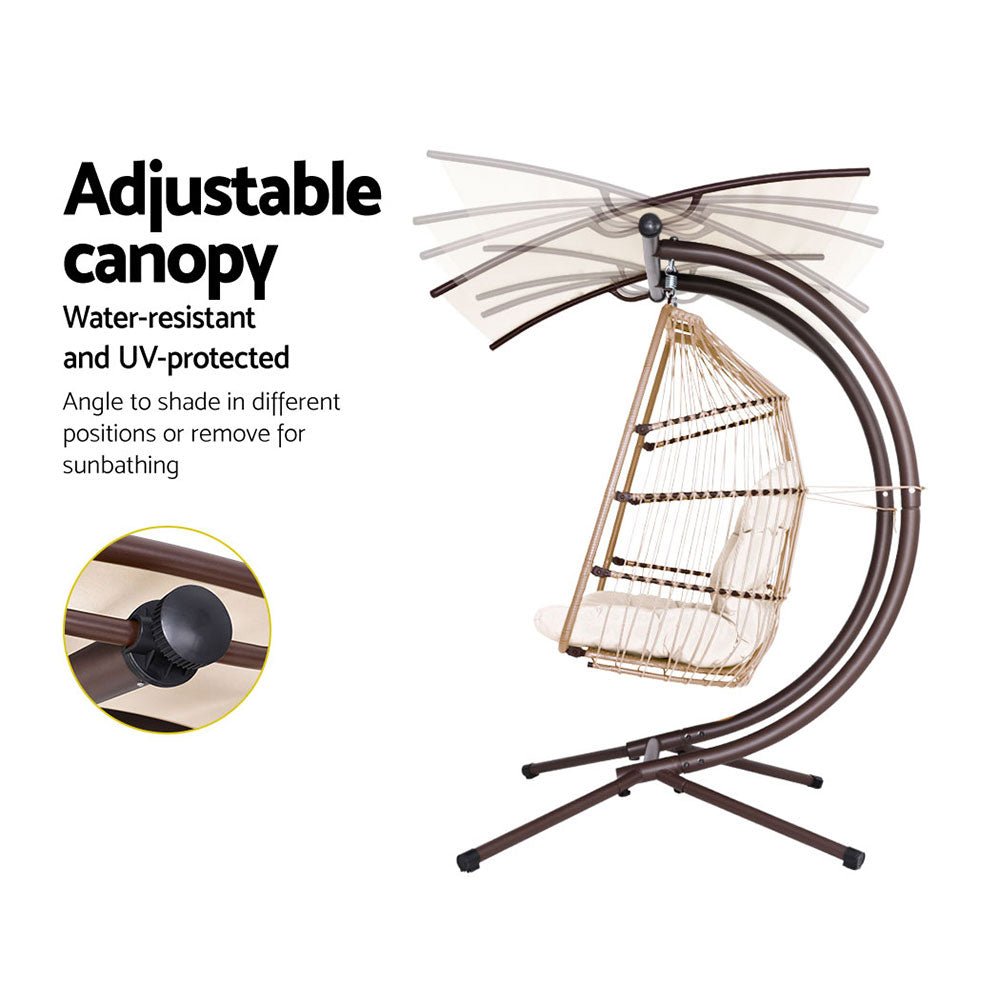 Double Wicker Hanging Swing Chair with Stand - Latte Brown Rattan Porch Swing for Outdoor Patio, Garden, or Balcony Relaxation - Perfect for Reading, Lounging, and Enjoying Nature