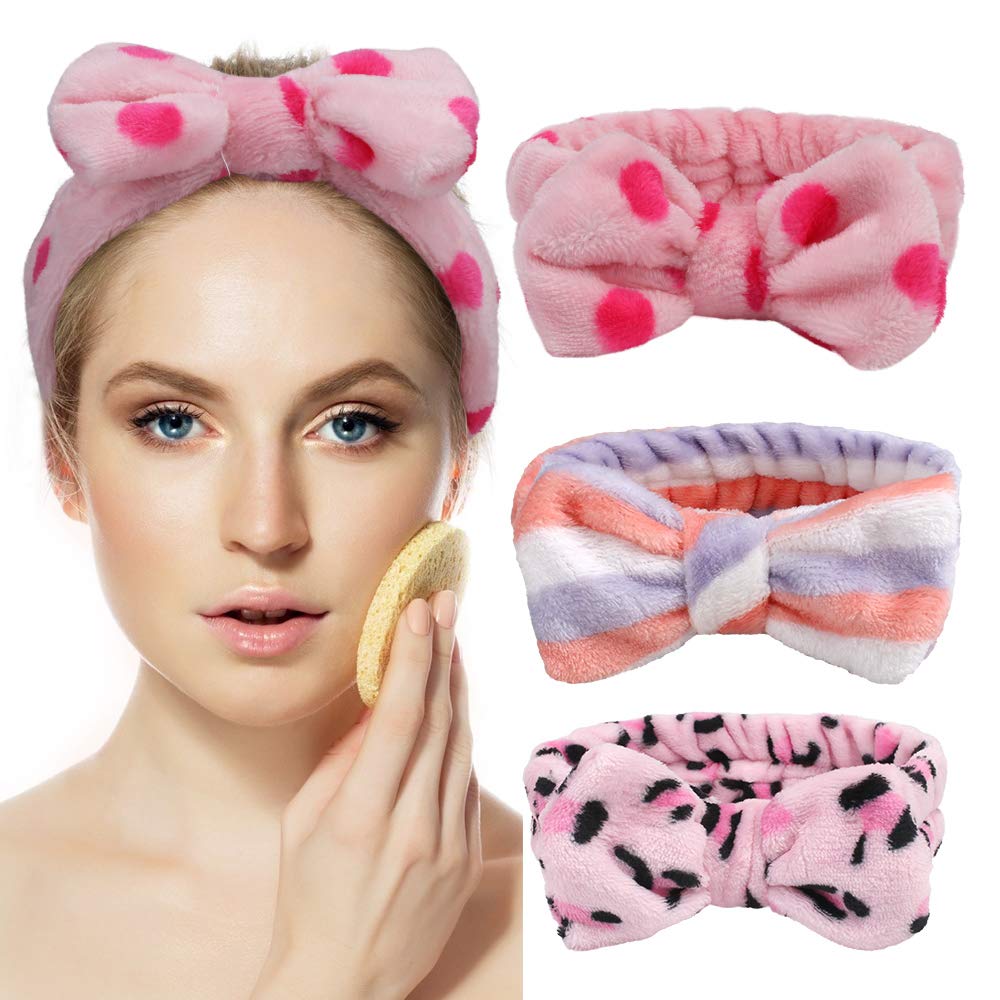 Araluky 3 Pack Soft Microfiber Bow Hair Band for Women & Girls - Spa, Skincare, Washing Face, Shower & Bath - Terry Cloth Fuzzy Headband with Bowknot Design | Perfect for Makeup, Facial Care & Relaxation