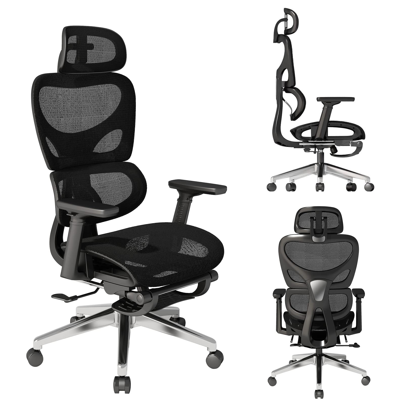 Ergonomic Office Chair with Footrest - Adjustable Height Mesh Computer Desk Chair with High Back, Thick Cushion & 3D Armrests - Home Gaming & Work Chair for Comfortable Sitting - Perfect for Office, Home Office, Gaming & Study (Black)