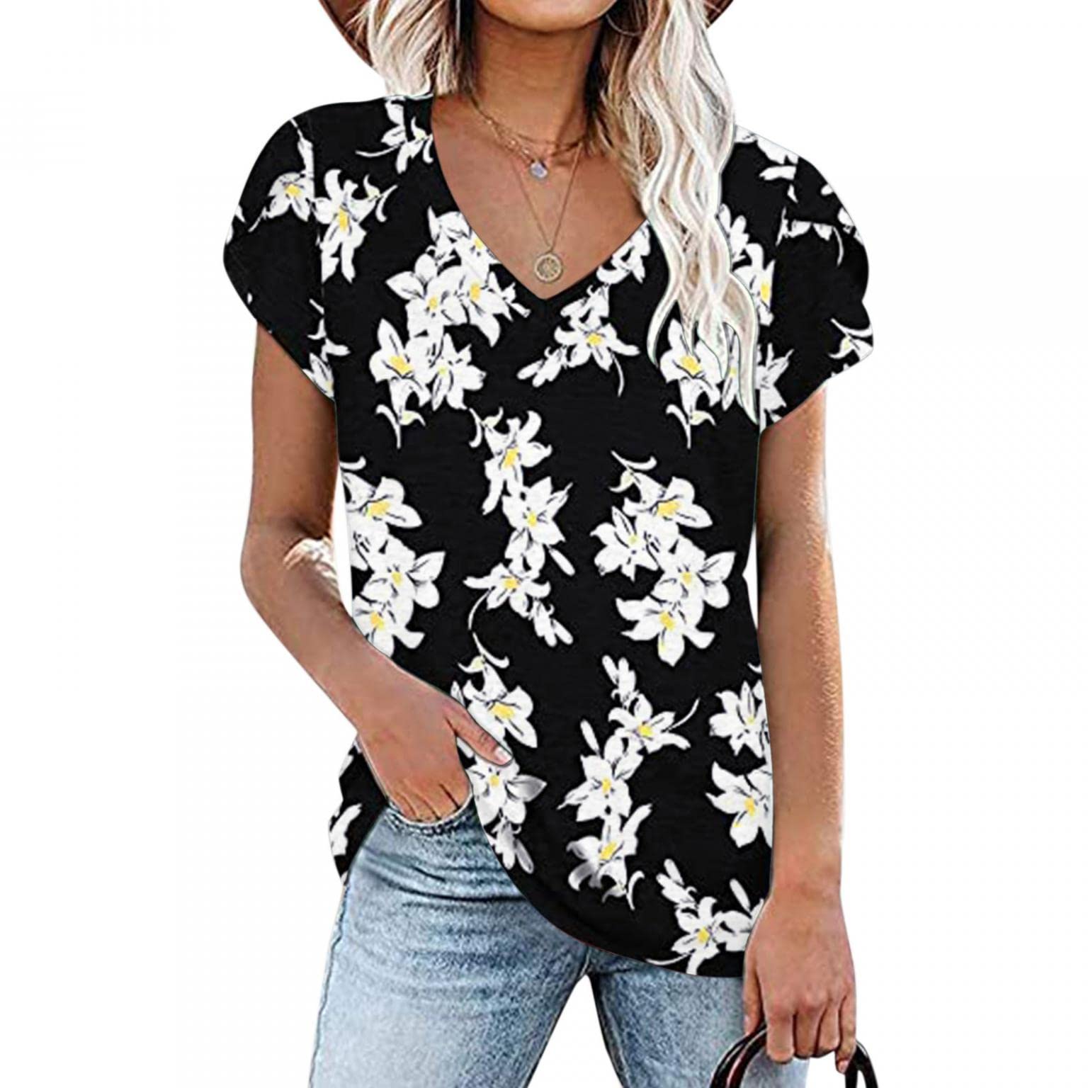 Cute Floral Print V-Neck Tunic Tops for Women - Sexy Casual Short Sleeve Boho Blouse for Summer | Perfect for Beach Outings, Date Nights & Casual Wear