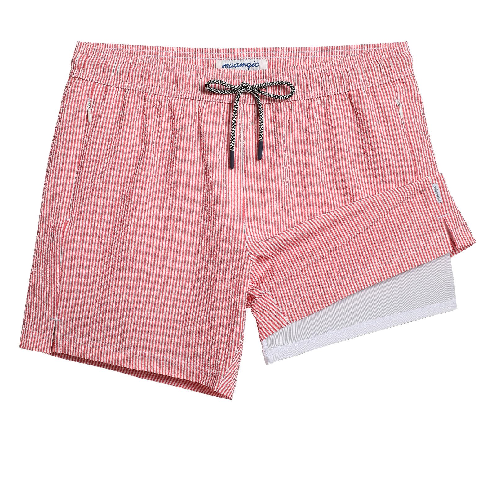Maamgic Men's 5.5 Inch Quick Dry Swim Trunks - Seersucker 2-in-1 Beach Shorts with Compression Liner | Perfect for Swimming, Surfing & Summer Vacation