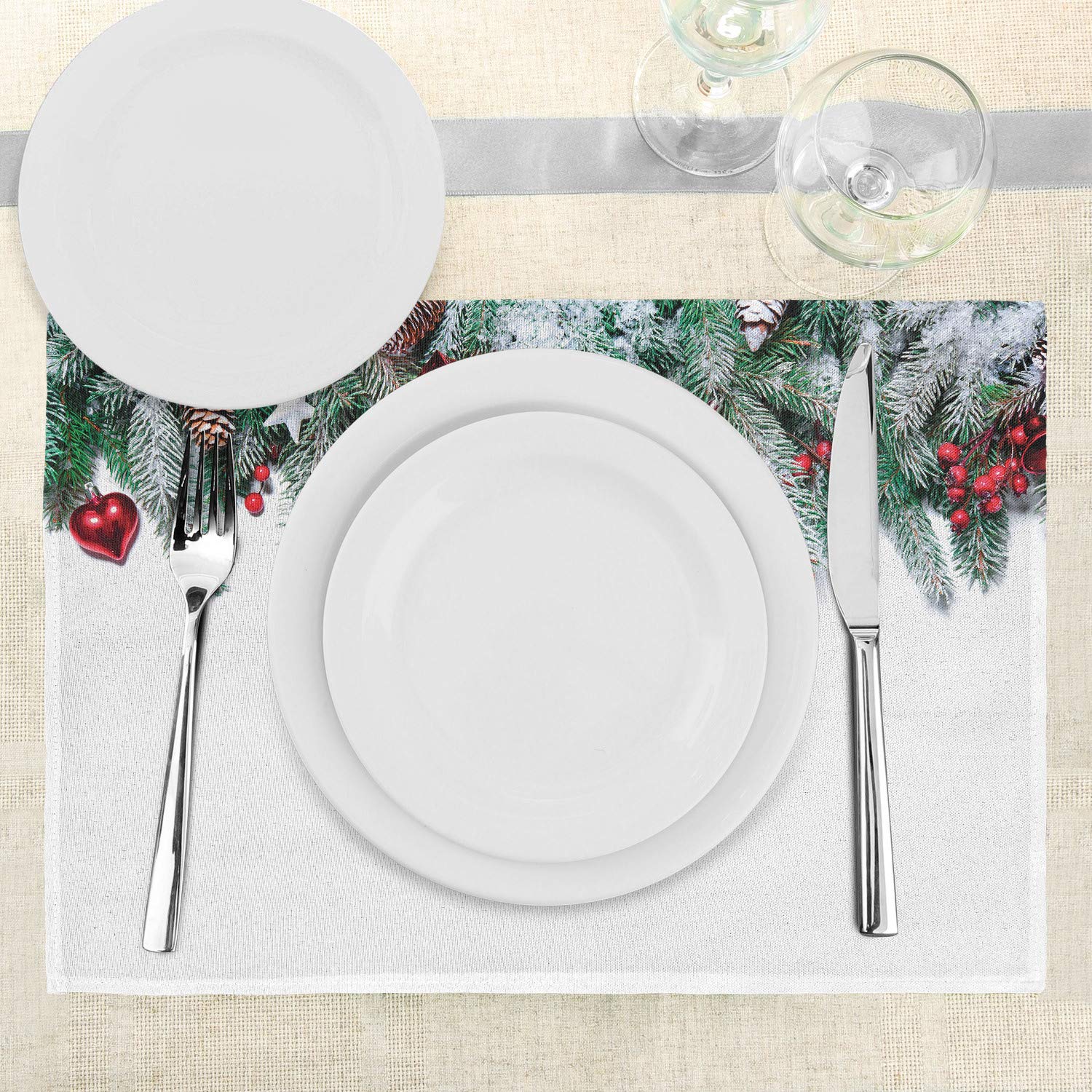 Ambesonne Christmas Placemats Set of 4 - Snowy Xmas Branch Design with Vibrant Baubles, Stars, Berries, Pinecones & Mistletoe - Washable Fabric Table Mats for Holiday Dining - Standard Size 12x18 Inches - Red & Green Christmas Decor - Perfect for Christmas Dinner, Holiday Parties & Festive Table Settings